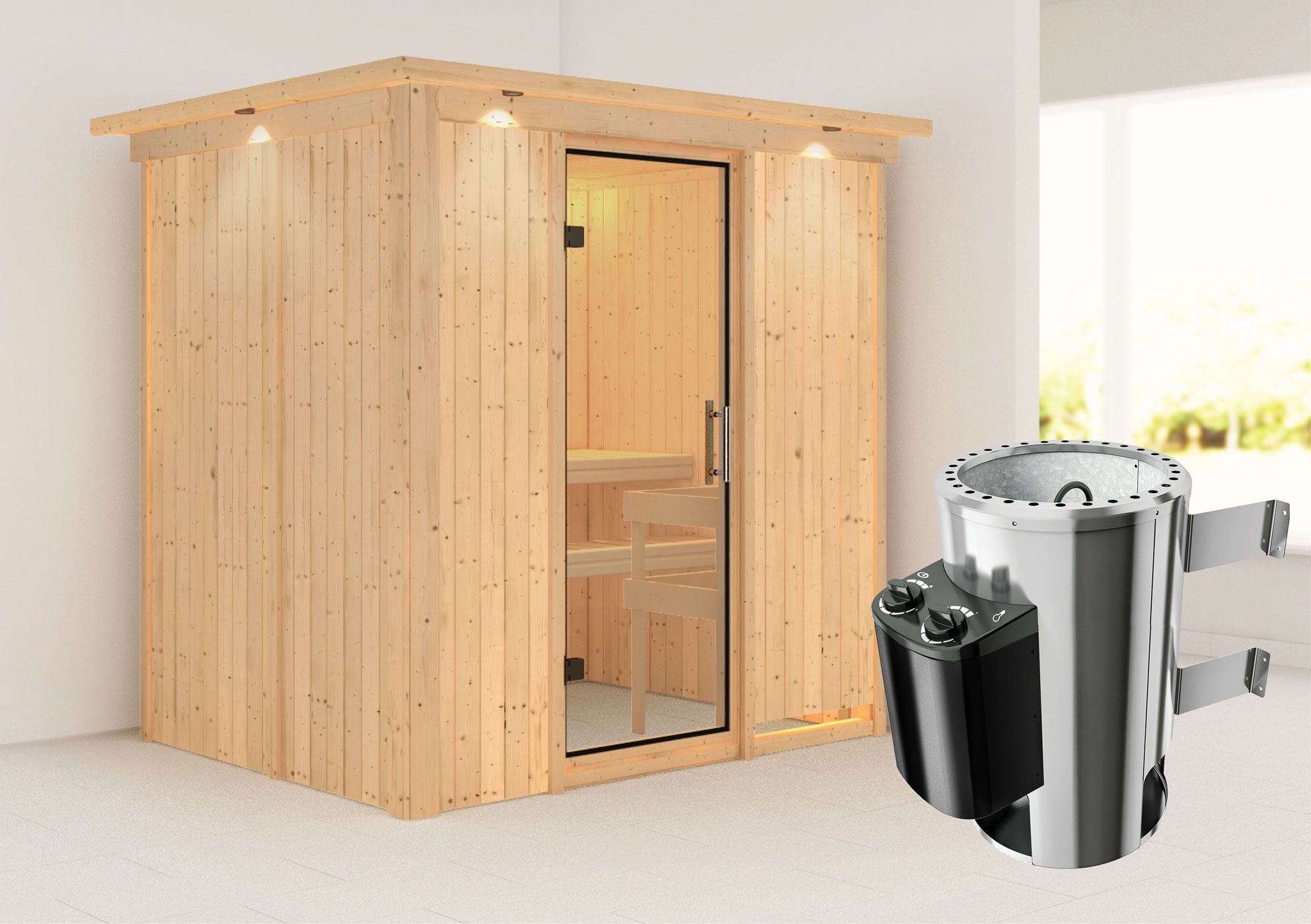 Sauna "Jarle" SET met helder glazen deur, kroonlijst & kachel 3,6 kW - 210 x 165 x 202 cm (B x D x H)