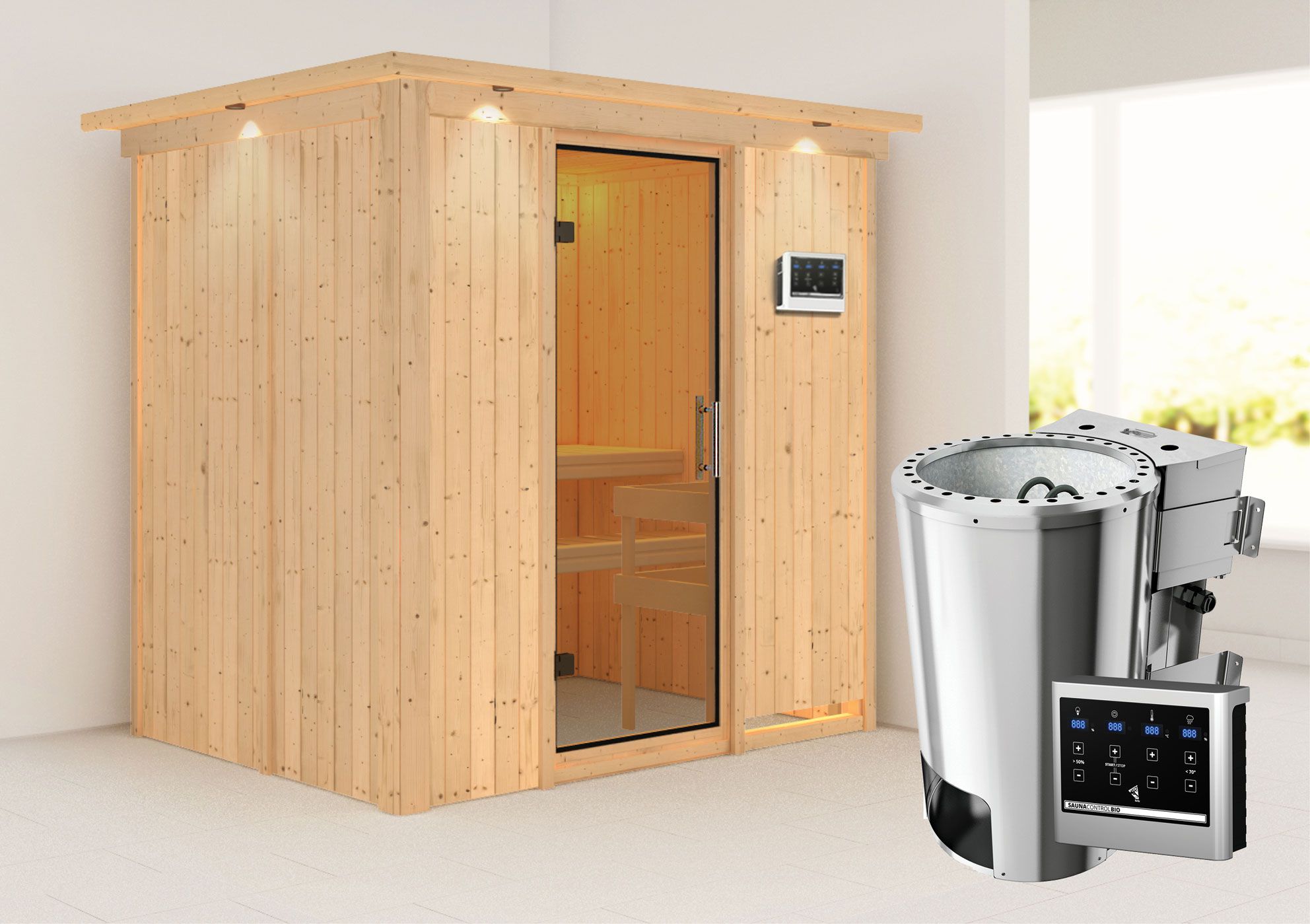 Sauna "Jarle" SET met heldere glazen deur, kroon & kachel BIO 3,6 kW - 210 x 165 x 202 cm (B x D x H)