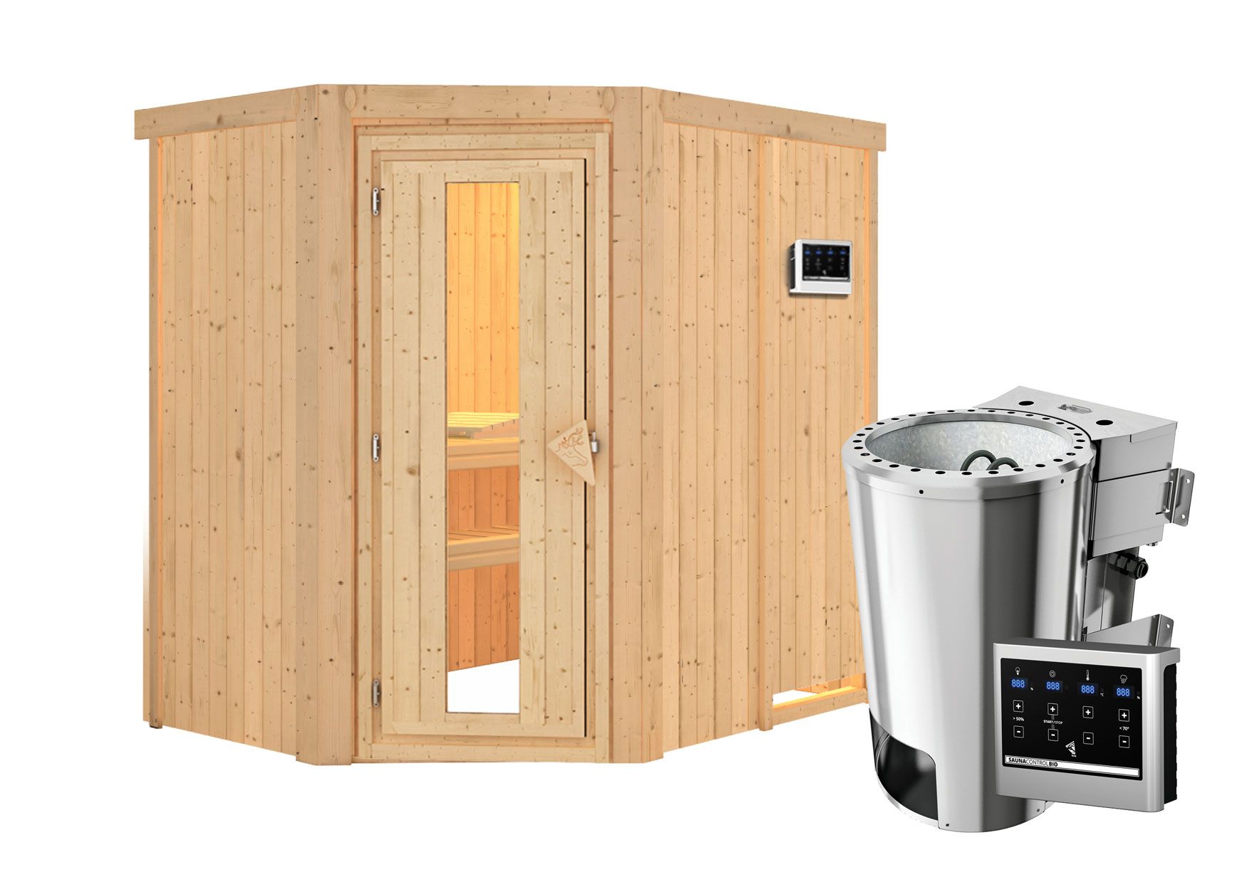 Sauna "Ole" SET met energiebesparende deur en kachel BIO 3,6 kW - 151 x 196 x 198 cm (B x D x H)
