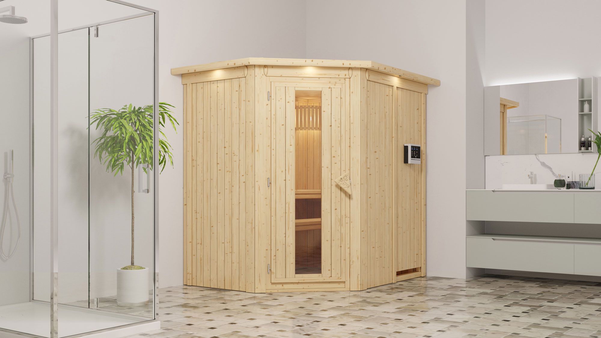 Sauna "Ole" SET met energiebesparende deur en kroon - kleur: natuur, kachel externe regeling eenvoudig 3,6 kW - 165 x 210 x 202 cm (B x D x H)