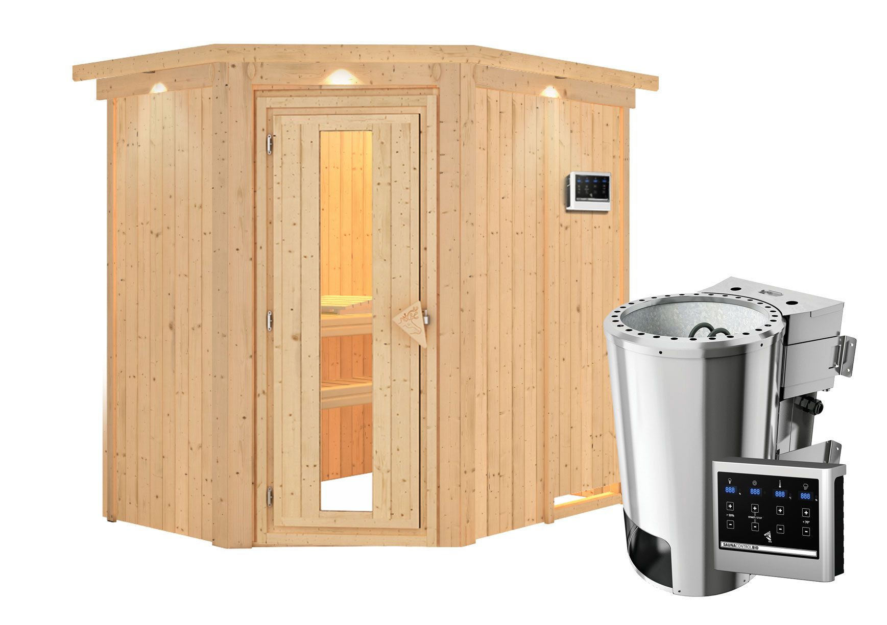 Sauna "Ole" SET met energiebesparende deur, kroon en kachel externe regeling easy BIO 3,6 kW - 165 x 210 x 202 cm (B x D x H)