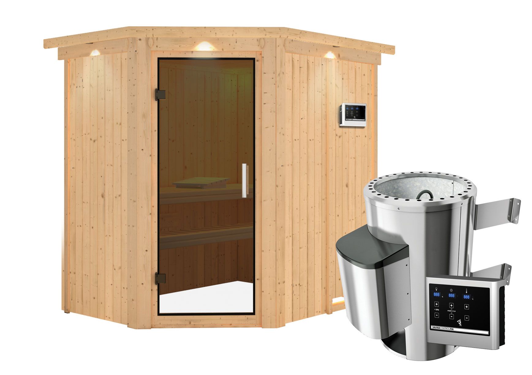 Sauna "Ole" SET met grafietkleurige deur en rand - kleur: naturel, kachel externe regeling eenvoudig 3,6 kW - 165 x 210 x 202 cm (B x D x H)