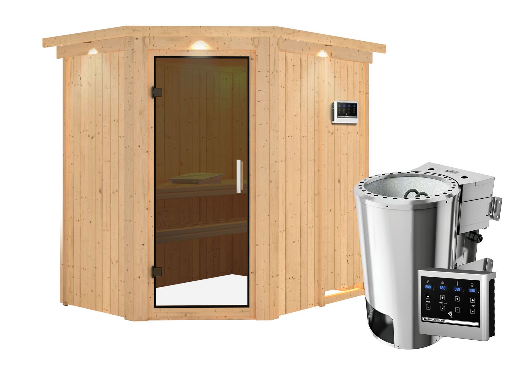Sauna "Ole" SET met grafietkleurige deur, kroon & kachel BIO 3,6 kW - 165 x 210 x 202 cm (B x D x H)