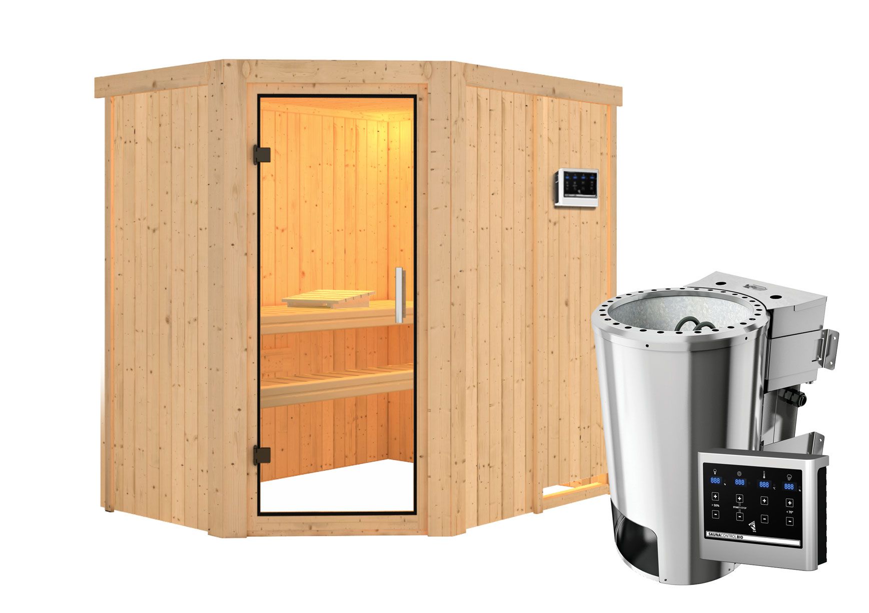 Sauna "Ole" SET met heldere glazen deur & kachel BIO 3,6 kW - 151 x 196 x 198 cm (B x D x H)