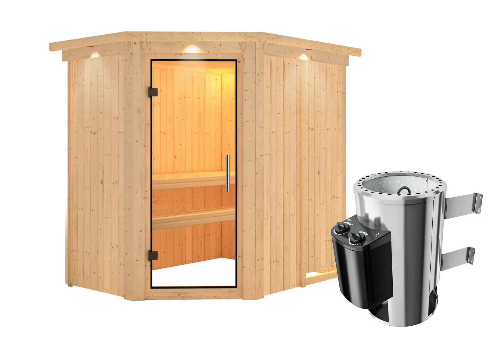 Sauna "Ole" SET met helder glazen deur, kroonlijst & kachel 3,6 kW - 165 x 210 x 202 cm (B x D x H)