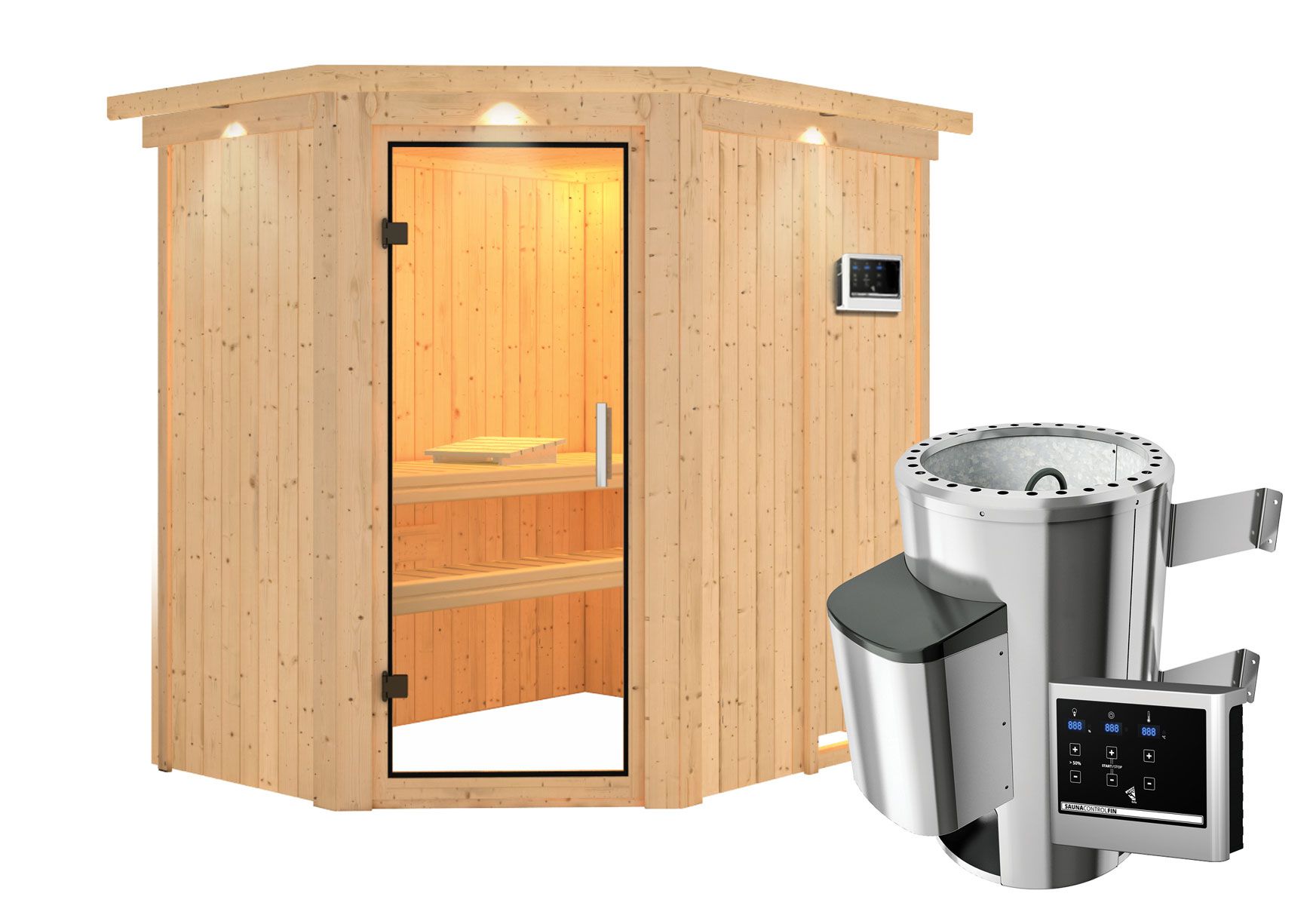 Sauna "Ole" SET met helder glazen deur en rand - kleur: naturel, kachel externe regeling eenvoudig 3,6 kW - 165 x 210 x 202 cm (B x D x H)