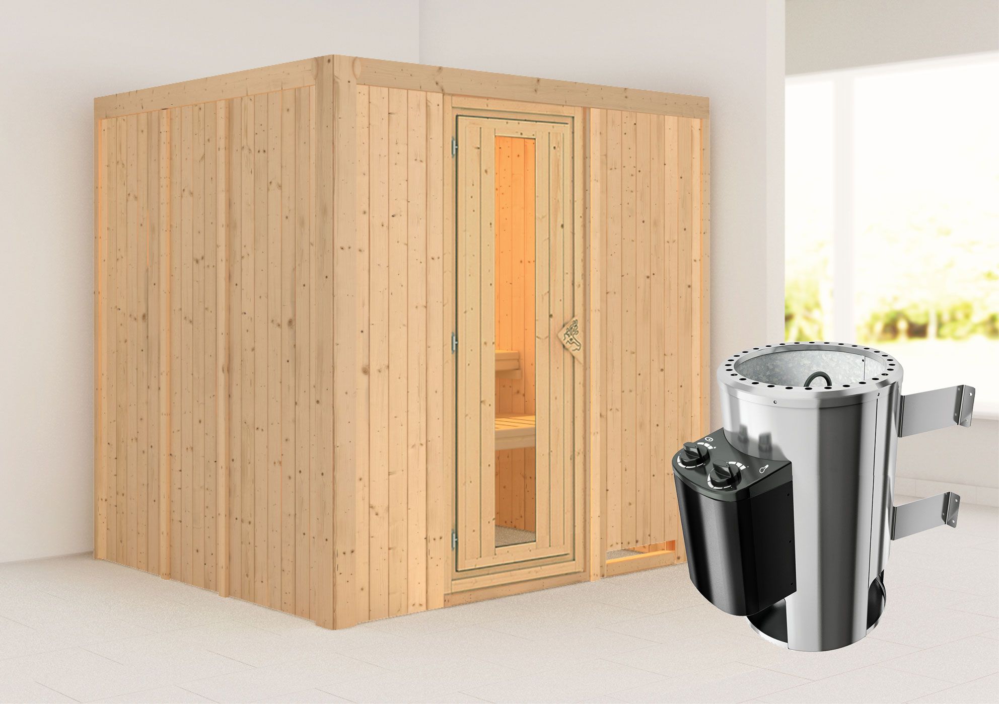 Sauna "Agnar" SET met energiebesparende deur en kachel 3,6 kW - 196 x 170 x 198 cm (B x D x H)