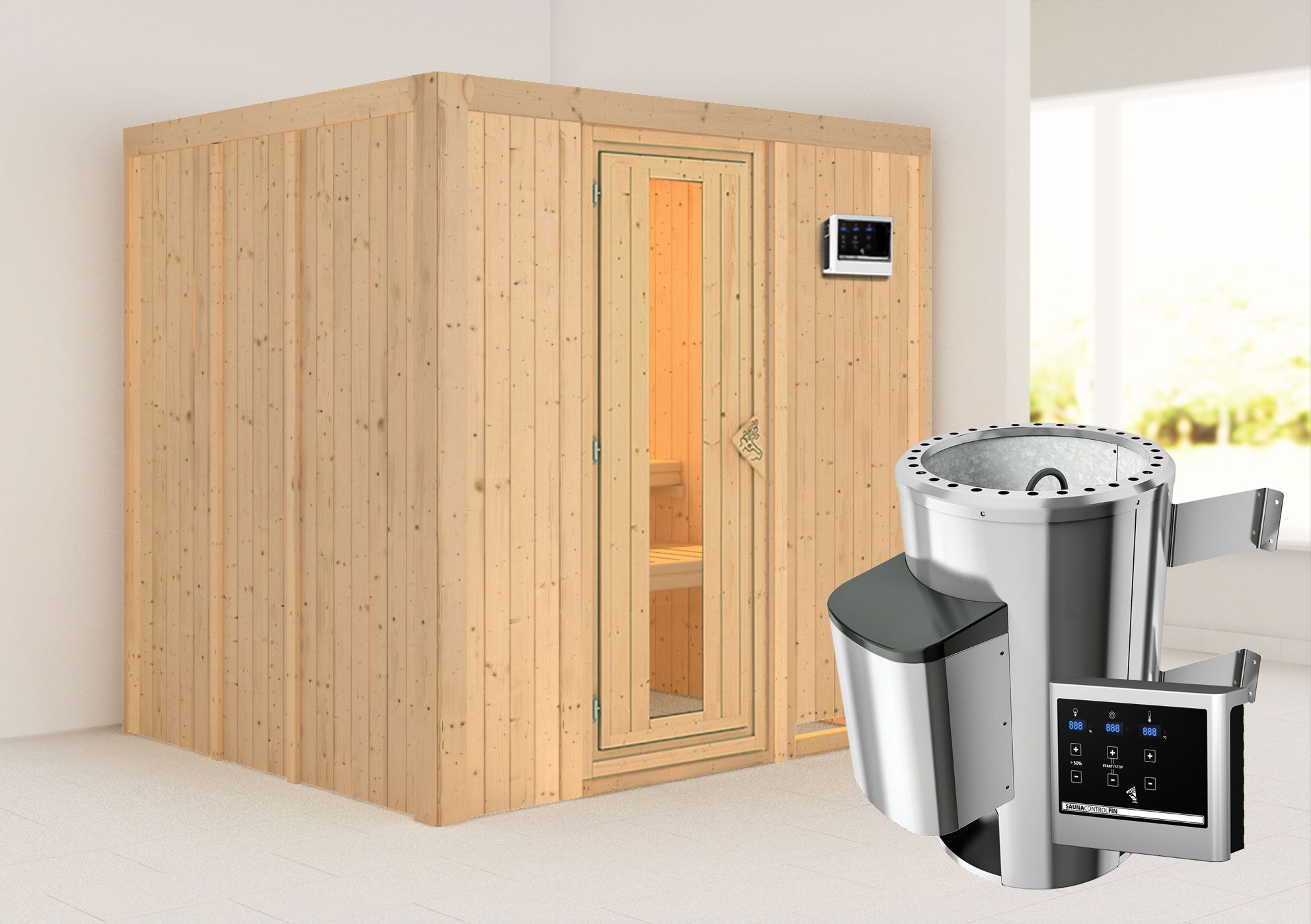 Sauna "Agnar" SET met energiebesparende deur - kleur: naturel, kachel externe regeling eenvoudig 3,6 kW - 196 x 170 x 198 cm (B x D x H)