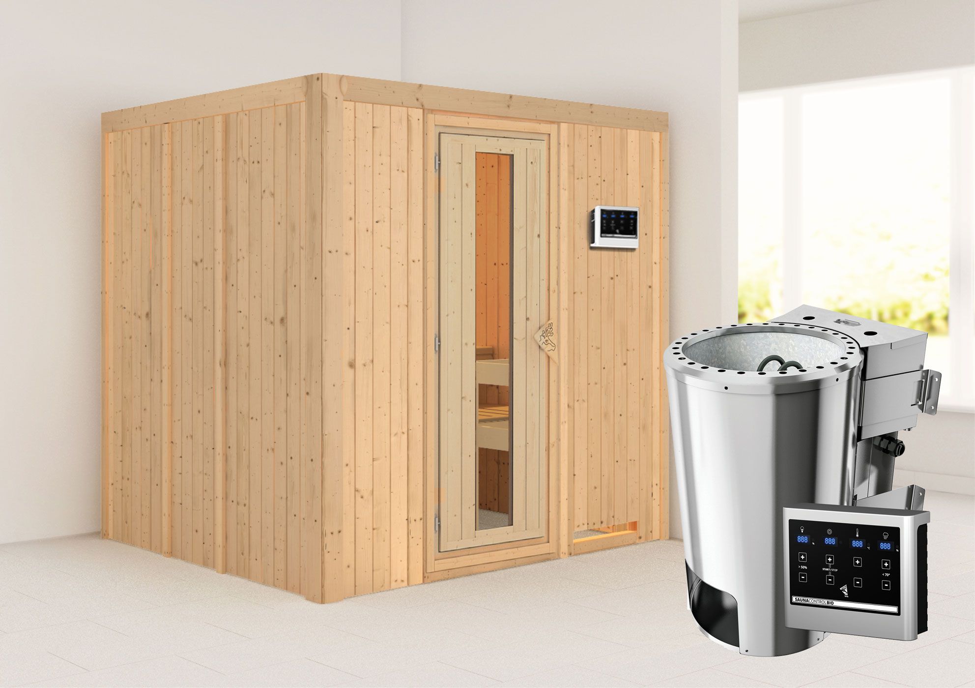 Sauna "Agnar" SET met energiebesparende deur en kachel BIO 3,6 kW - 196 x 170 x 198 cm (B x D x H)