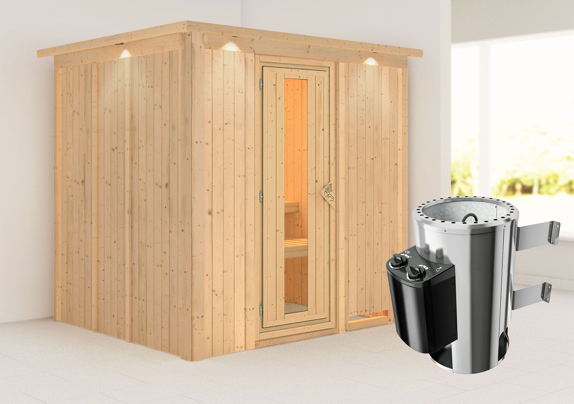 Sauna "Agnar" SET met energiebesparende deur, kroon en kachel 3,6 kW - 210 x 184 x 202 cm (B x D x H)