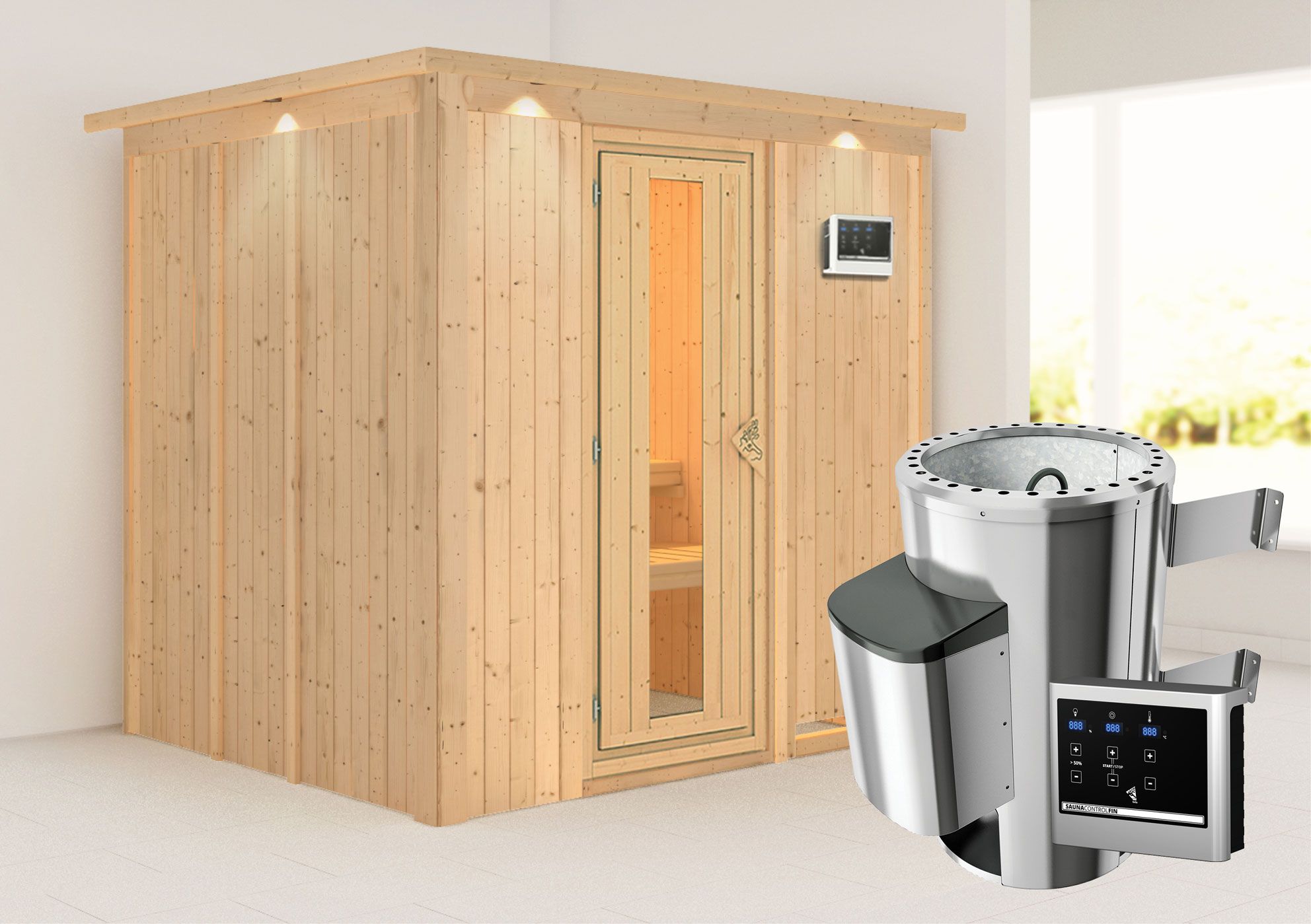 Sauna "Agnar" SET met energiebesparende deur en kroon - kleur: natuur, kachel externe regeling eenvoudig 3,6 kW - 210 x 184 x 202 cm (B x D x H)