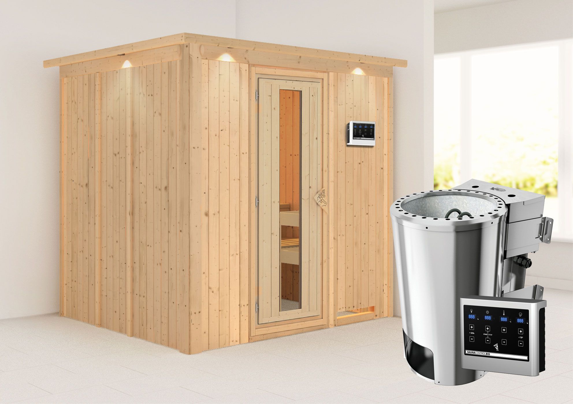 Sauna "Agnar" SET met energiebesparende deur, kroon en kachel BIO 3,6 kW - 210 x 184 x 202 cm (B x D x H)