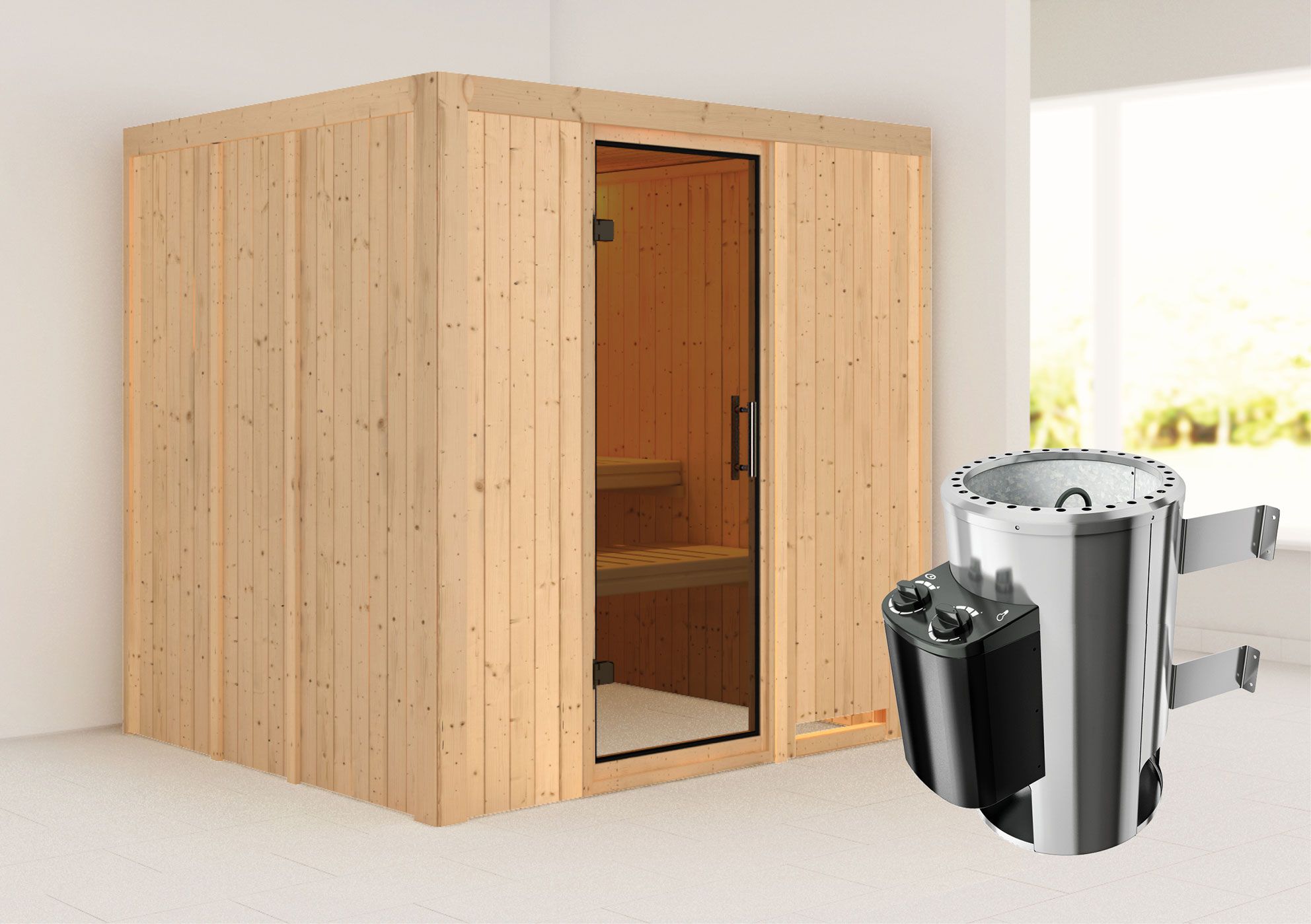 Sauna "Agnar" SET met grafiet deur & kachel 3,6 kW - 196 x 170 x 198 cm (B x D x H)