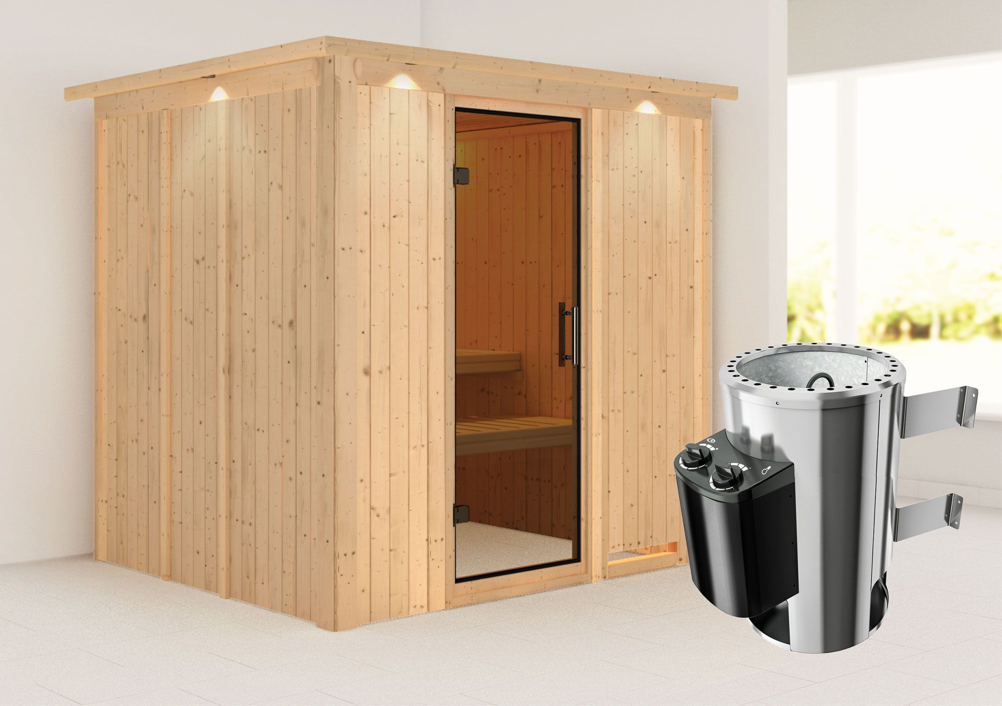 Sauna "Agnar" SET met grafietkleurige deur, rand & kachel 3,6 kW - 210 x 184 x 202 cm (B x D x H)