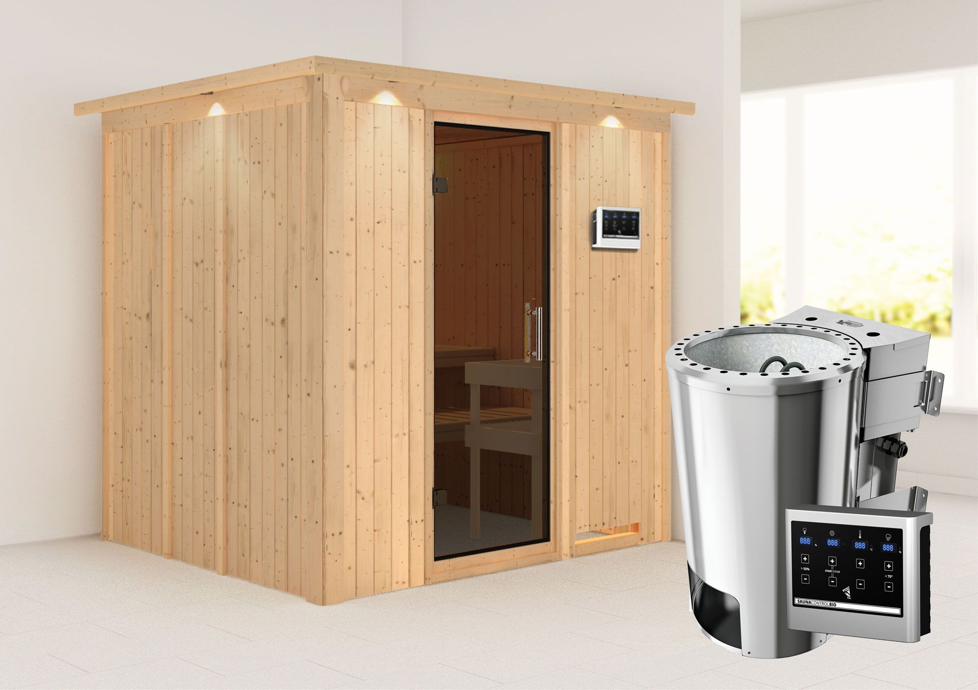 Sauna "Agnar" SET met grafietkleurige deur, rand & kachel BIO 3,6 kW - 210 x 184 x 202 cm (B x D x H)