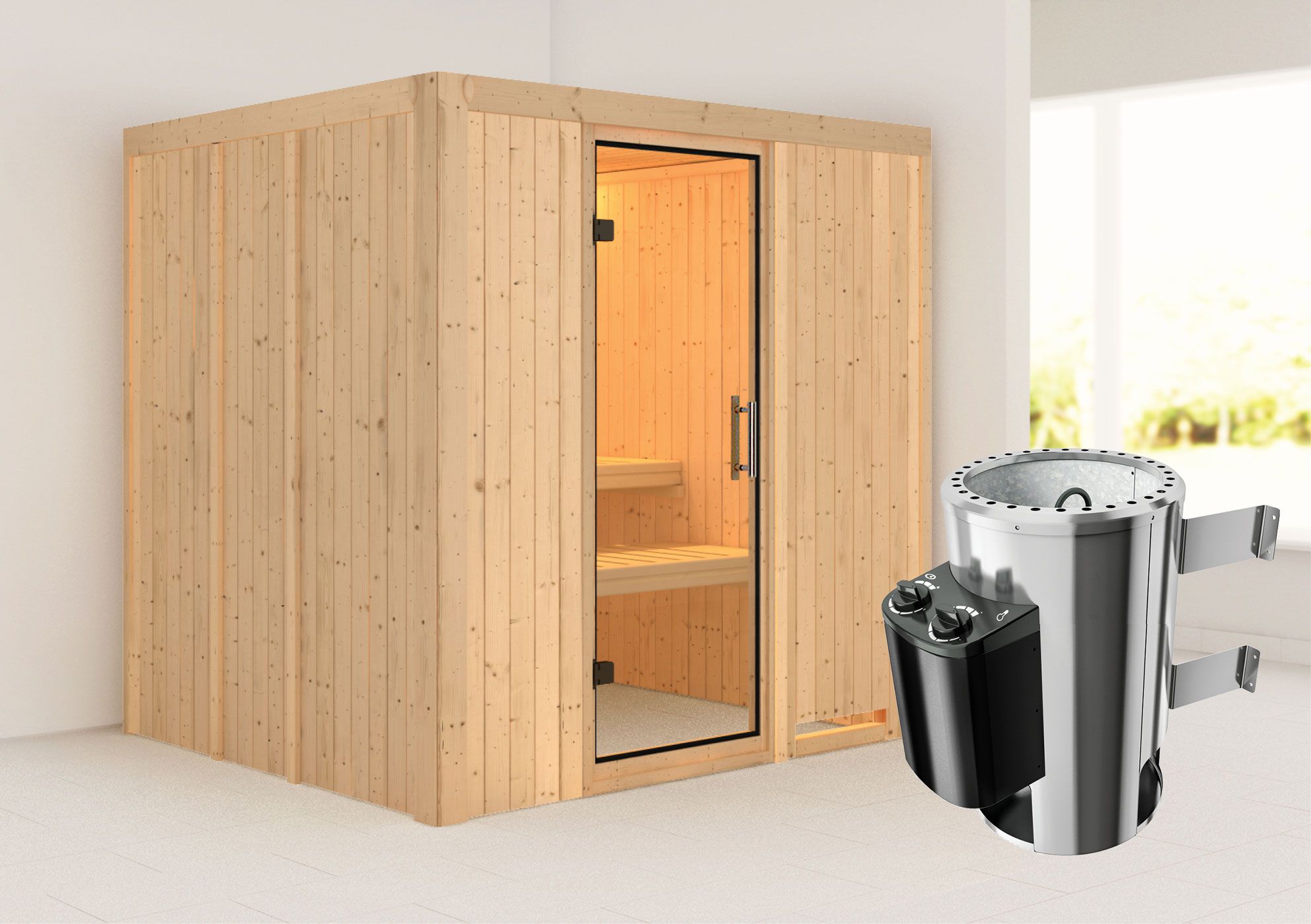 Sauna "Agnar" SET met heldere glazen deur & kachel 3,6 kW - 196 x 170 x 198 cm (B x D x H)