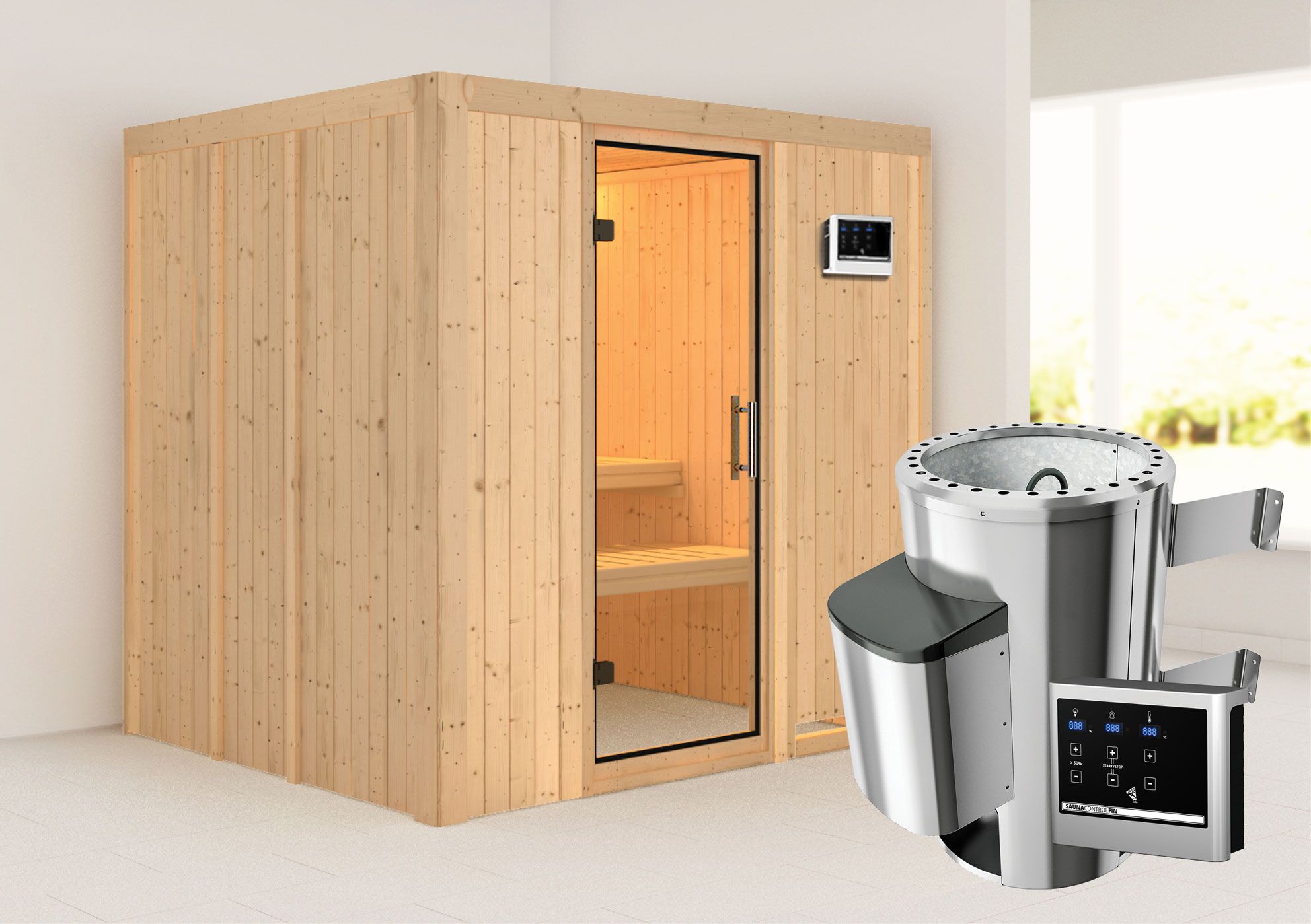 Sauna "Agnar" SET met heldere glasdeur - kleur: natuur, kachel externe regeling eenvoudig 3,6 kW - 196 x 170 x 198 cm (B x D x H)