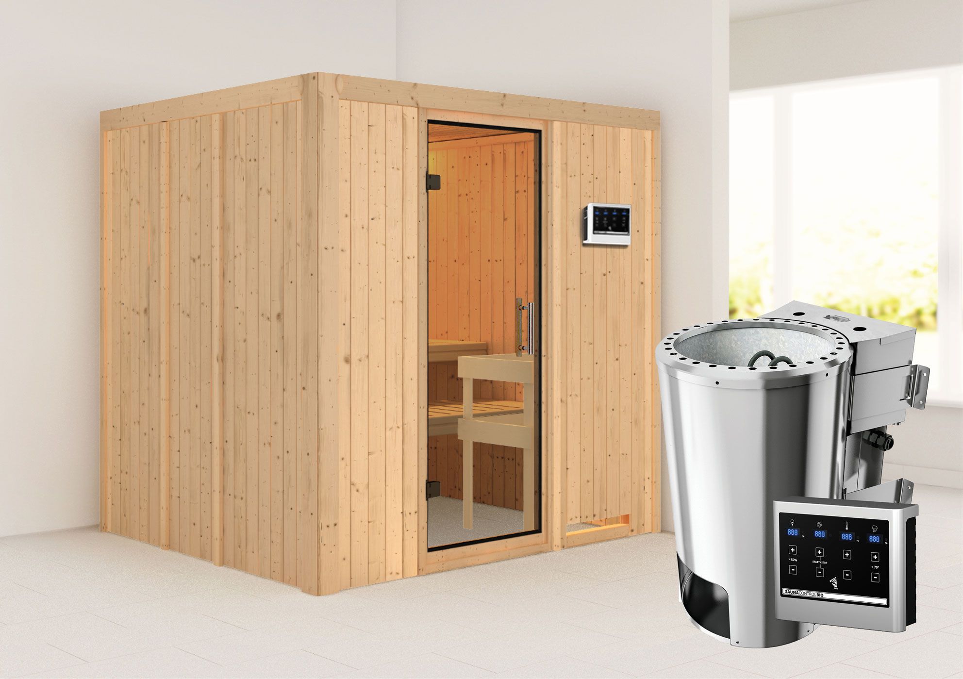 Sauna "Agnar" SET met heldere glazen deur & kachel BIO 3,6 kW - 196 x 170 x 198 cm (B x D x H)