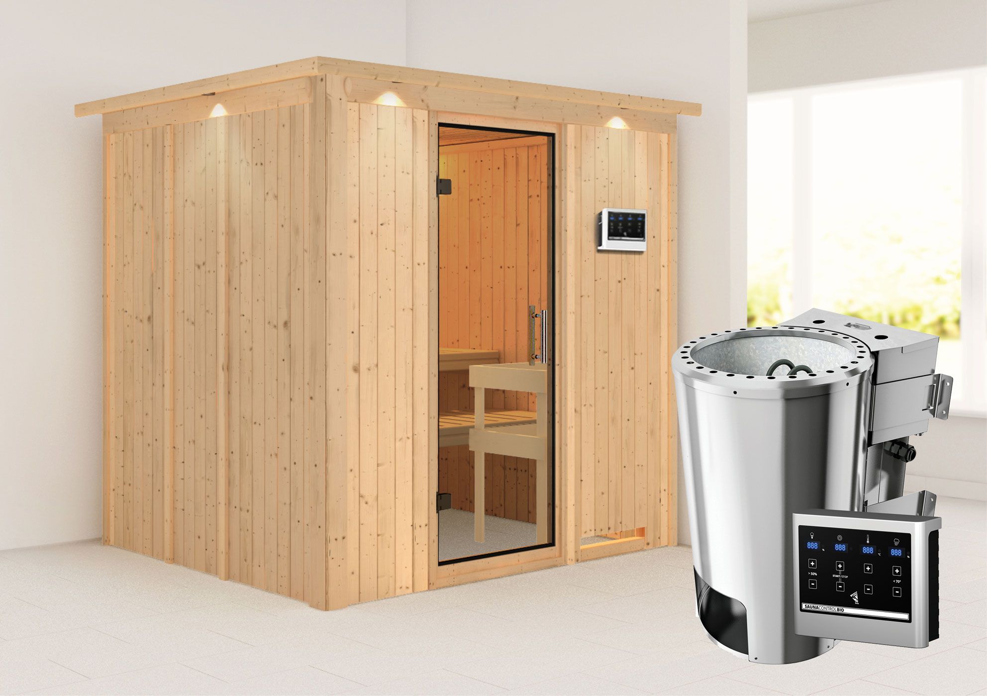 Sauna "Agnar" SET met heldere glazen deur, kroon & kachel BIO 3,6 kW - 210 x 184 x 202 cm (B x D x H)