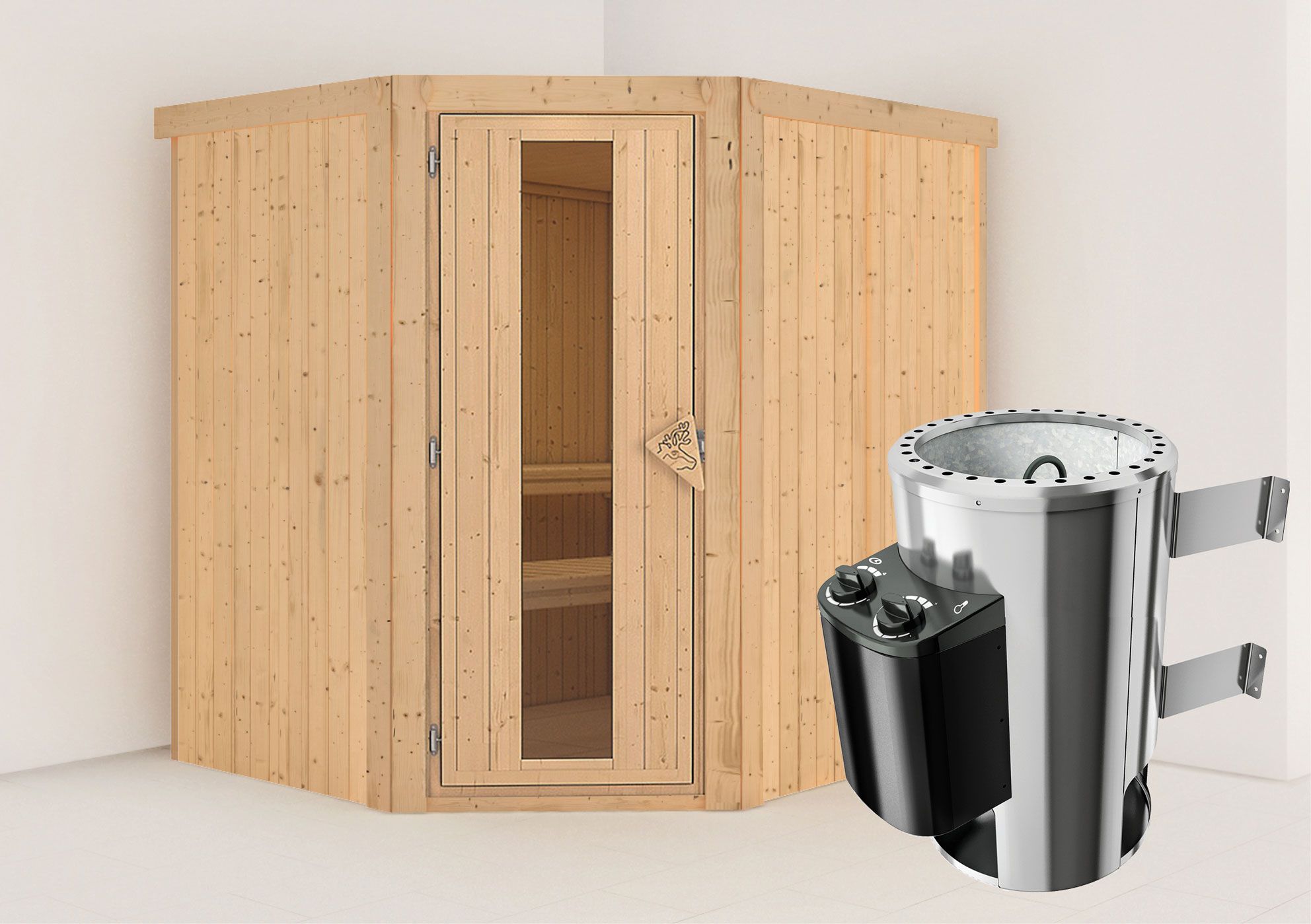Sauna "Askjell" SET met energiebesparende deur en kachel 3,6 kW - 196 x 170 x 198 cm (B x D x H)
