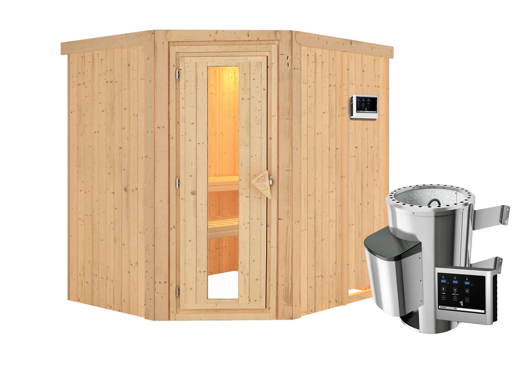 Sauna "Askjell" SET met energiebesparende deur - kleur: naturel, kachel externe regeling eenvoudig 3,6 kW - 196 x 170 x 198 cm (B x D x H)