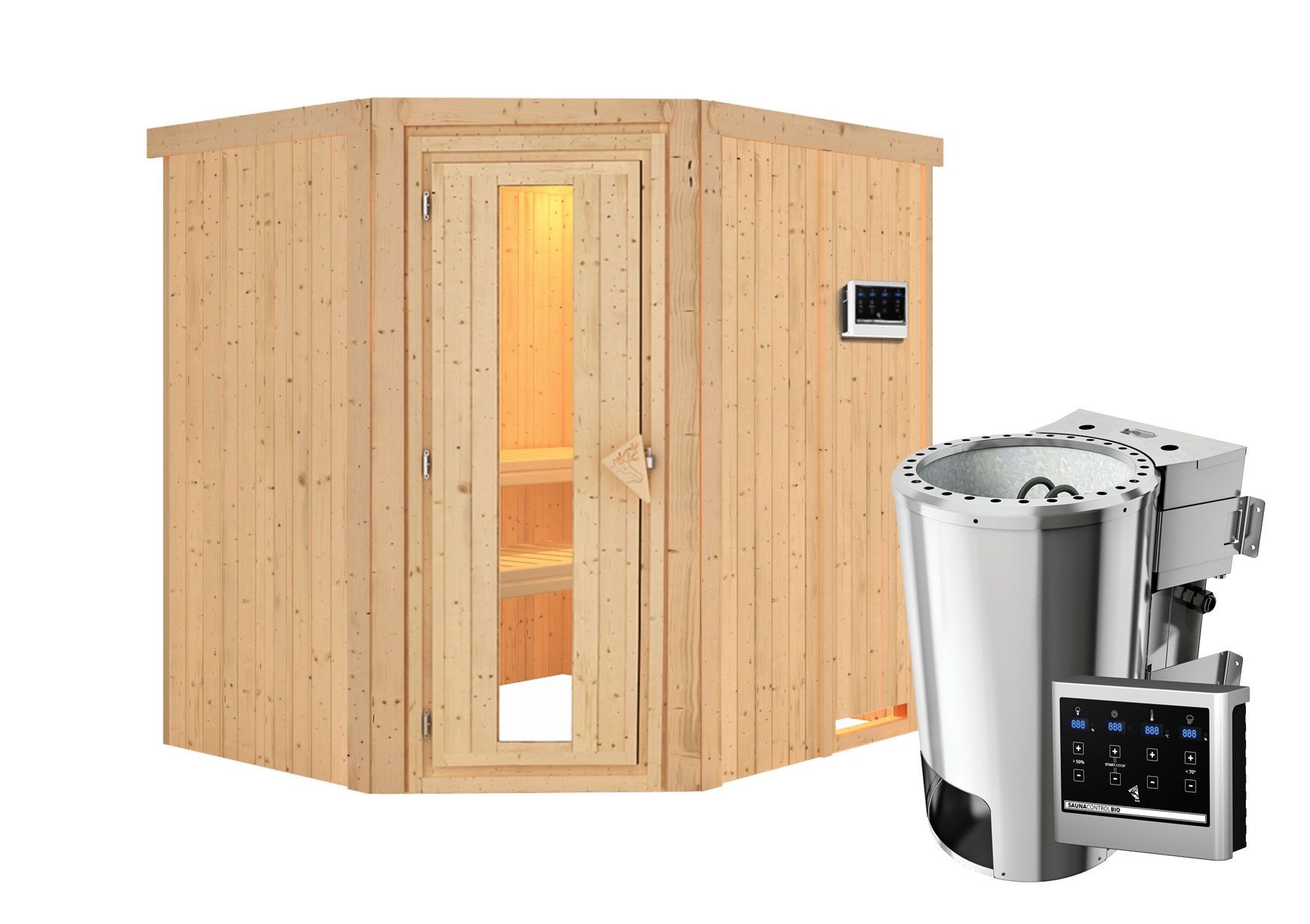 Sauna "Askjell" SET met energiebesparende deur en kachel BIO 3,6 kW - 196 x 170 x 198 cm (B x D x H)