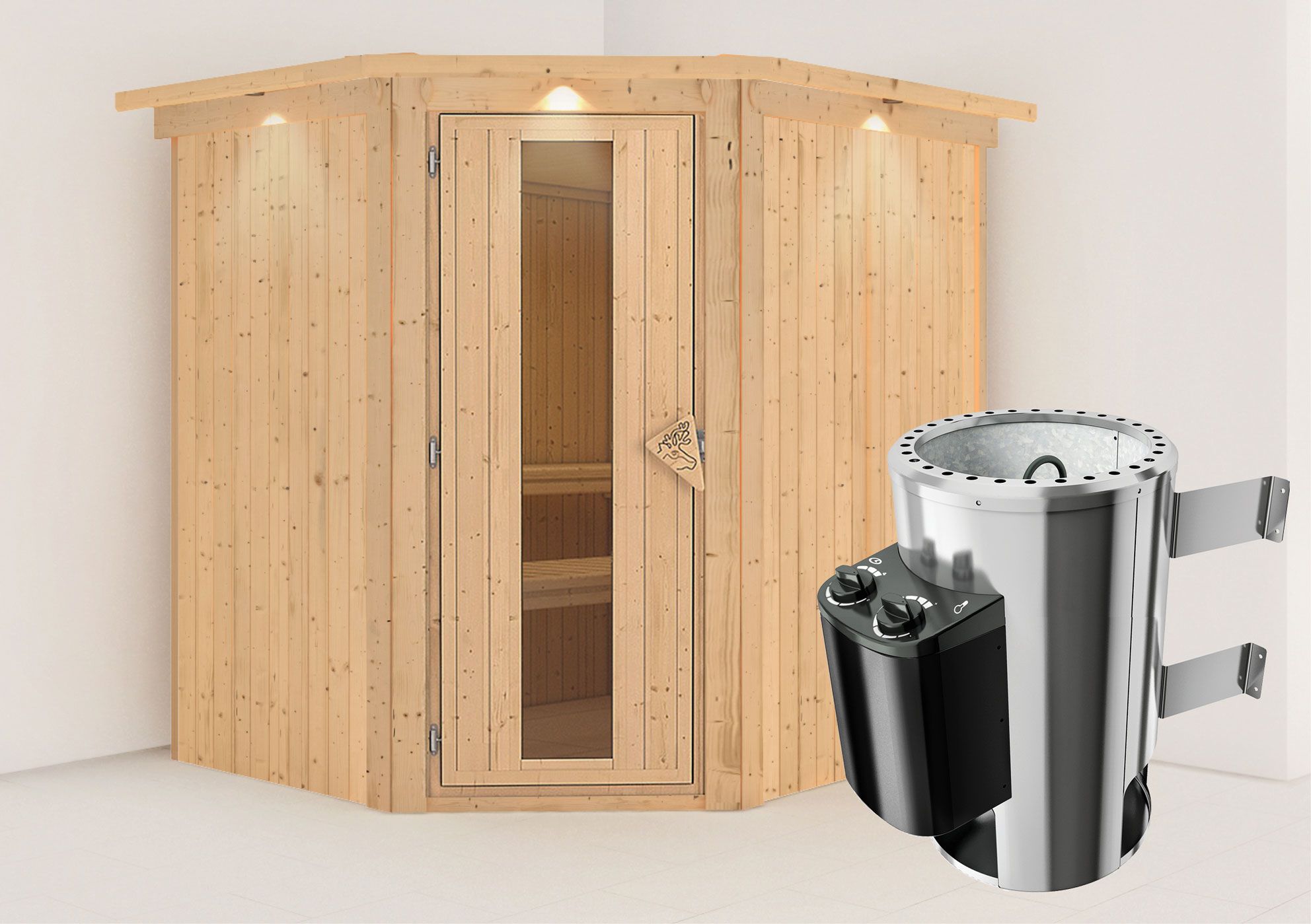 Sauna "Askjell" SET met energiebesparende deur, kroon en kachel 3,6 kW - 210 x 184 x 202 cm (B x D x H)