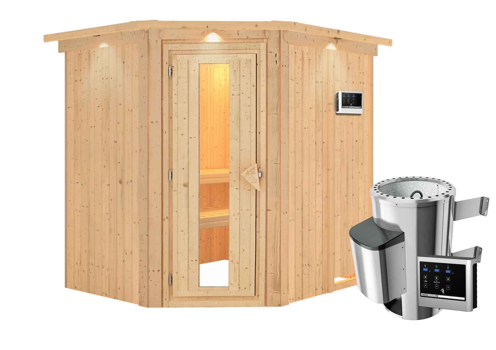 Sauna "Askjell" SET met energiebesparende deur en kroon - kleur: naturel, kachel externe regeling eenvoudig 3,6 kW - 210 x 184 x 202 cm (B x D x H)