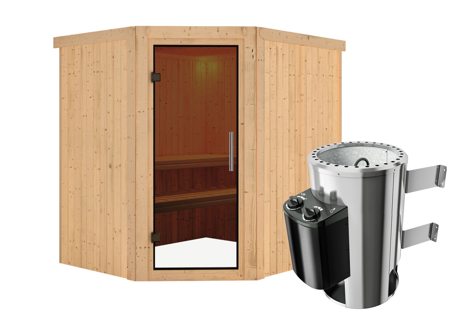 Sauna "Askjell" SET met grafiet deur & kachel 3,6 kW - 196 x 170 x 198 cm (B x D x H)