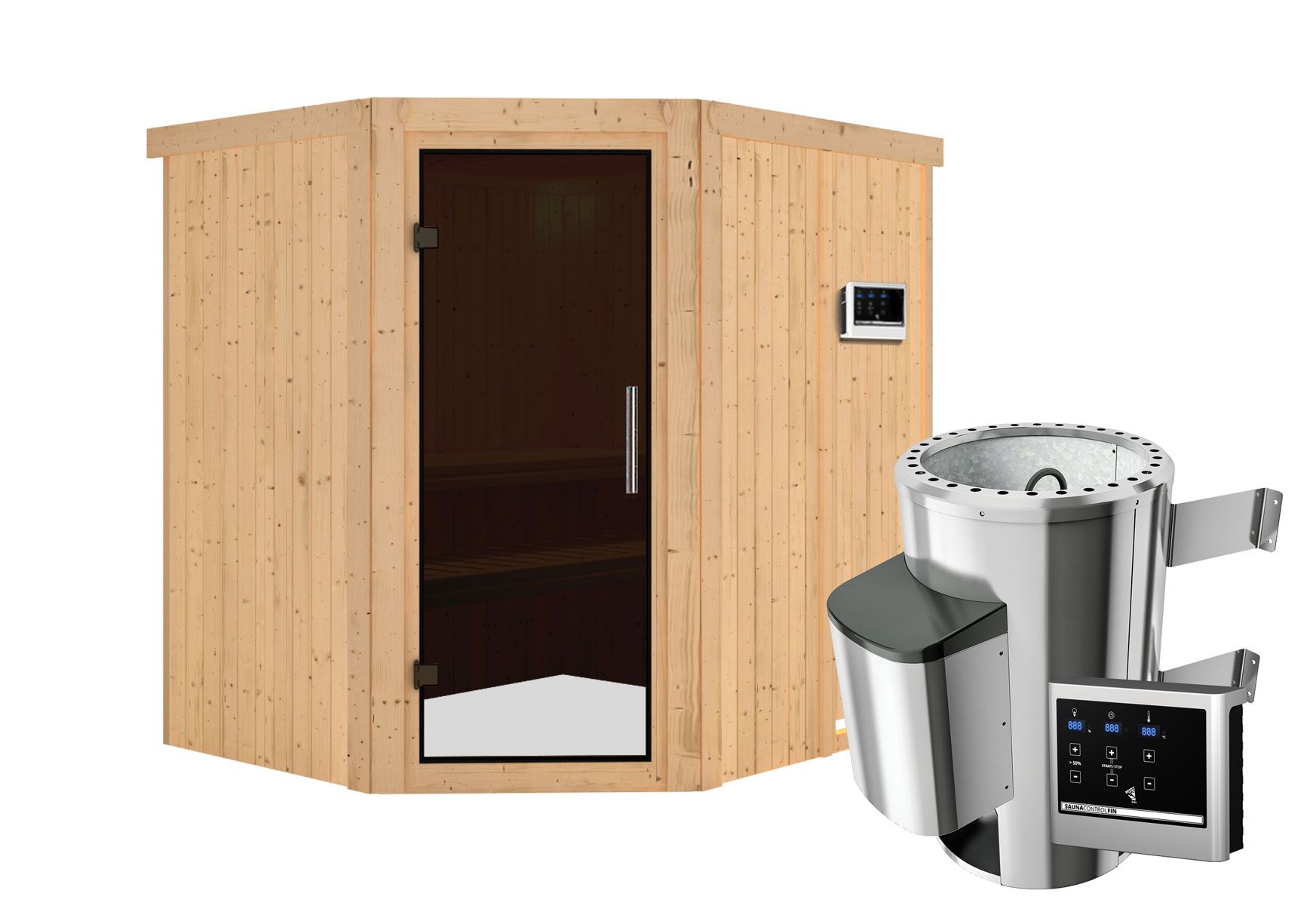 Sauna "Askjell" SET met grafietkleurige deur - kleur: naturel, kachel externe regeling eenvoudig 3,6 kW - 196 x 170 x 198 cm (B x D x H)
