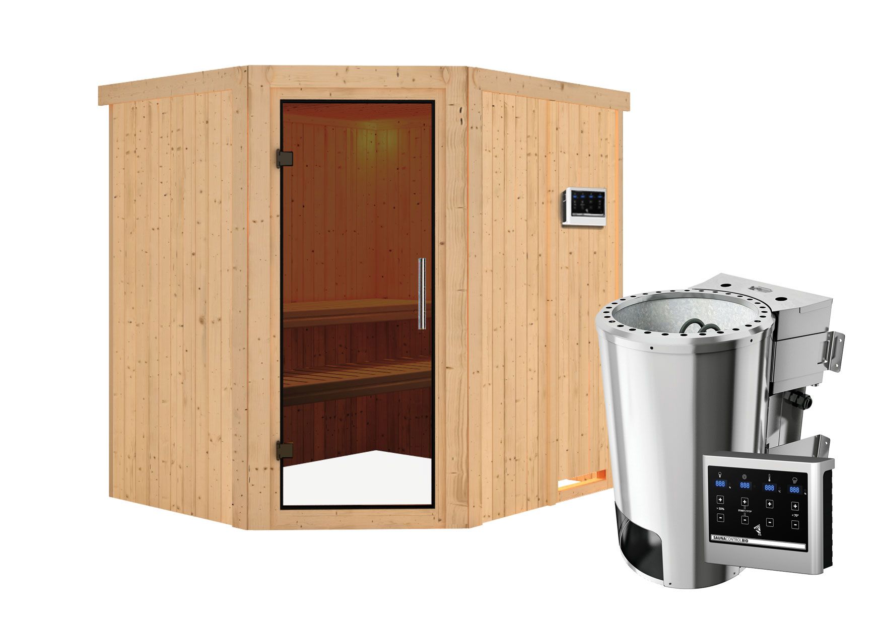 Sauna "Askjell" SET met grafiet deur & kachel BIO 3,6 kW - 196 x 170 x 198 cm (B x D x H)