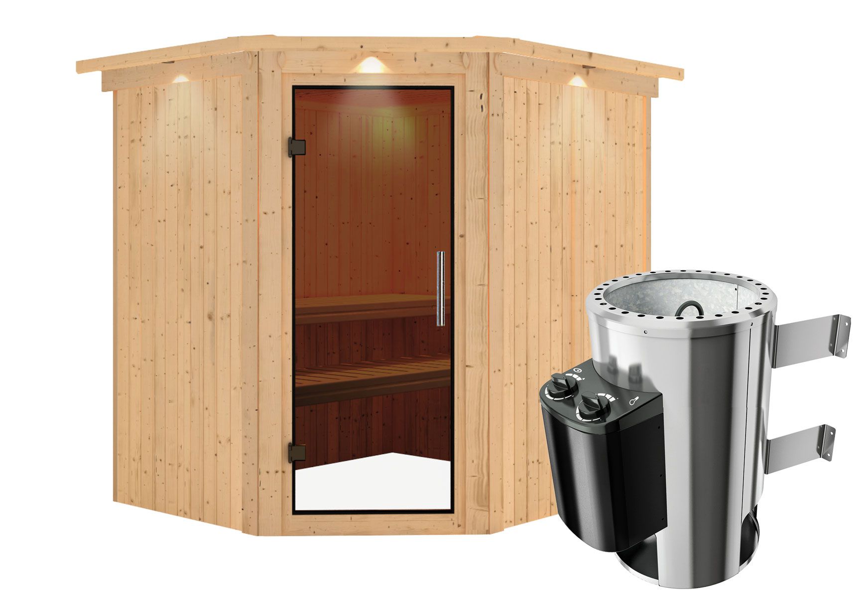 Sauna "Askjell" SET met grafietkleurige deur, kroonlijst & kachel 3,6 kW - 210 x 184 x 202 cm (B x D x H)
