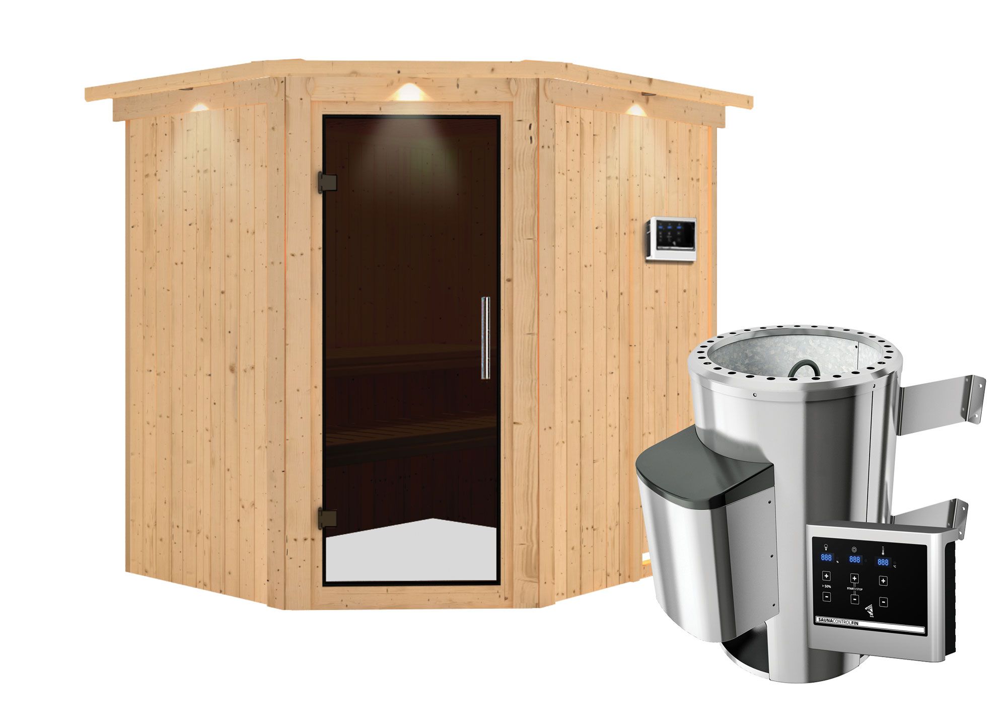 Sauna "Askjell" SET met grafietkleurige deur en rand - kleur: naturel, kachel externe regeling eenvoudig 3,6 kW - 210 x 184 x 202 cm (B x D x H)