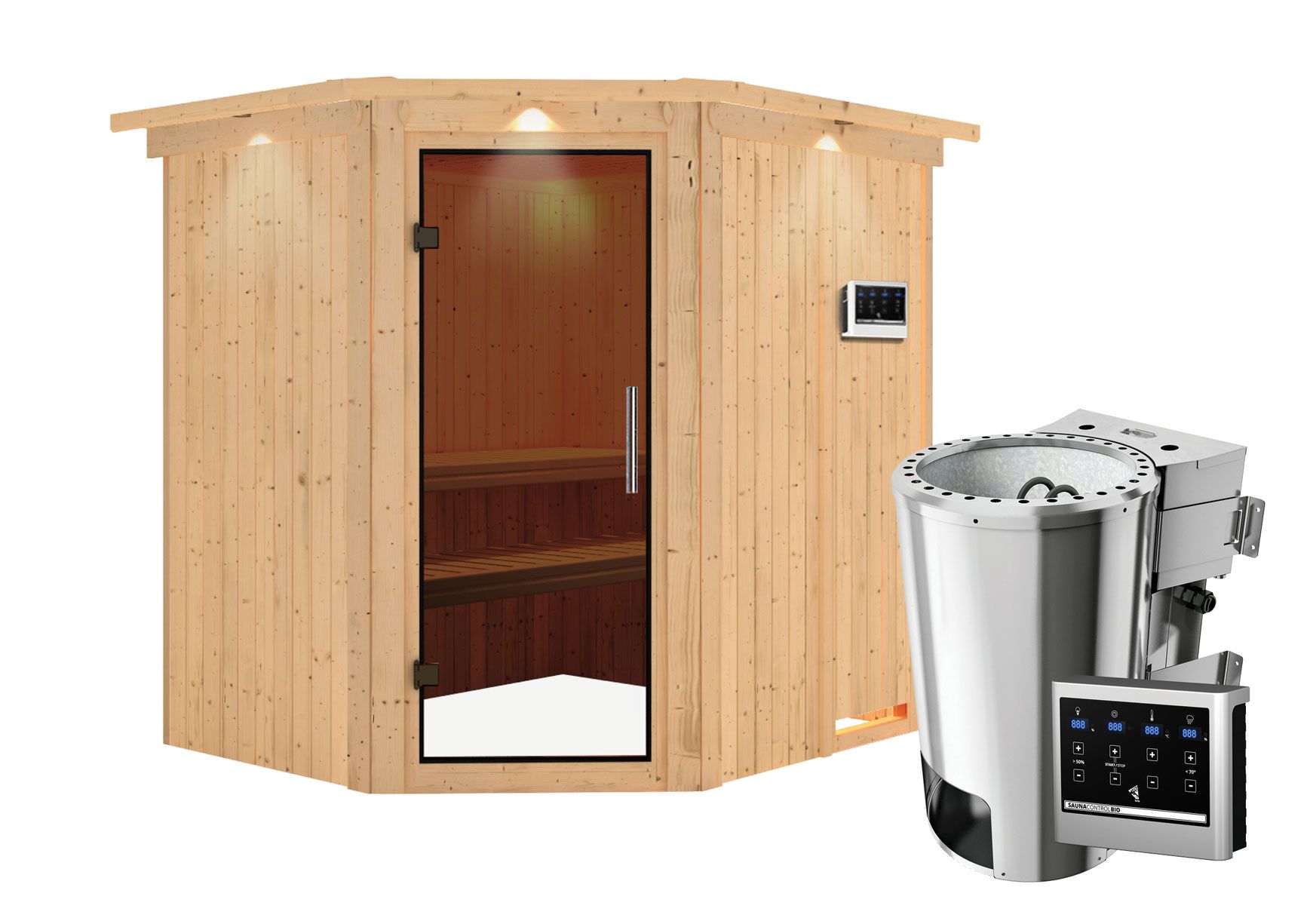 Sauna "Askjell" SET met grafietkleurige deur, rand & kachel BIO 3,6 kW - 210 x 184 x 202 cm (B x D x H)