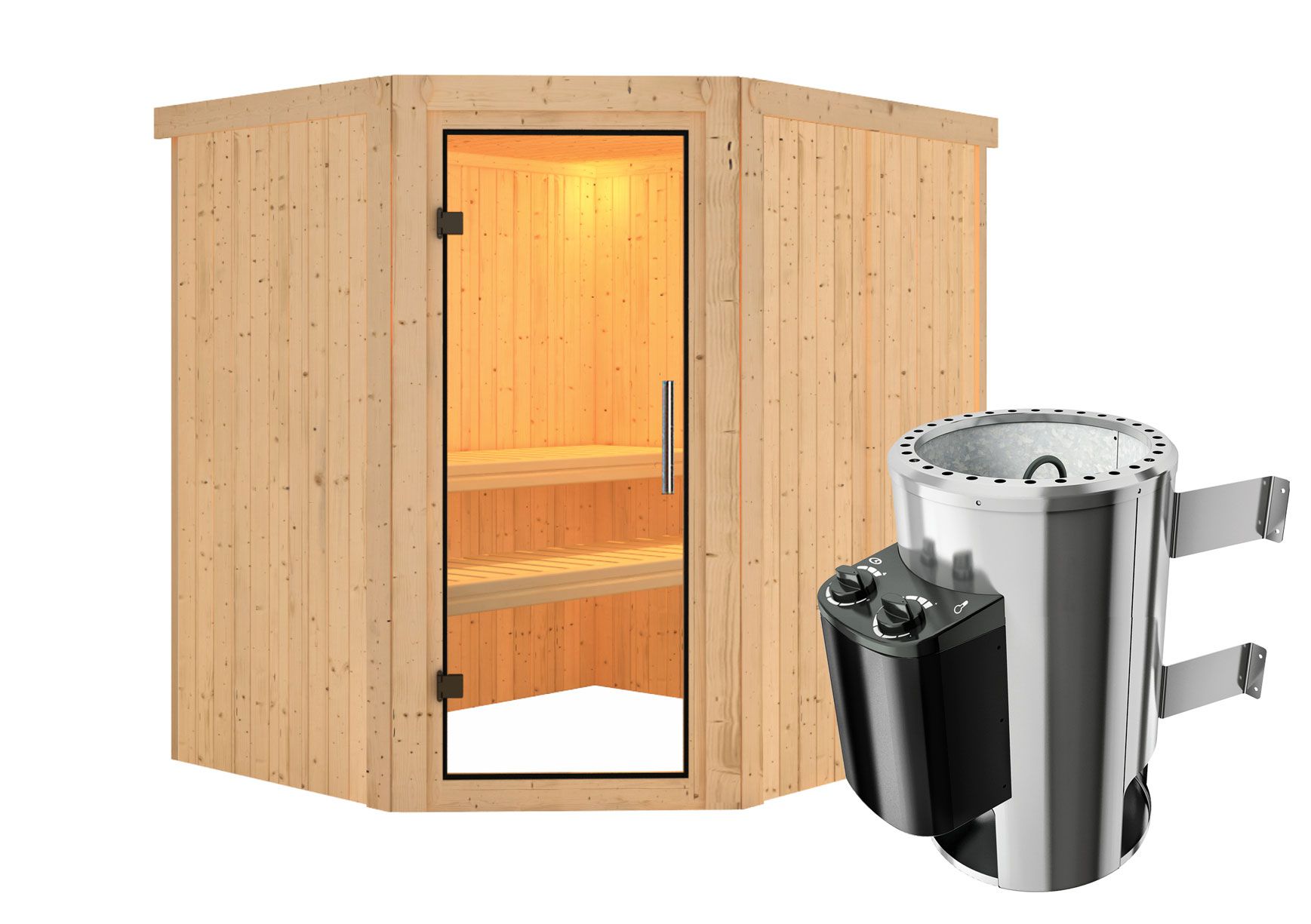 Sauna "Askjell" SET ACTION met heldere glazen deur & kachel 3,6 kW - 196 x 170 x 198 cm (B x D x H)