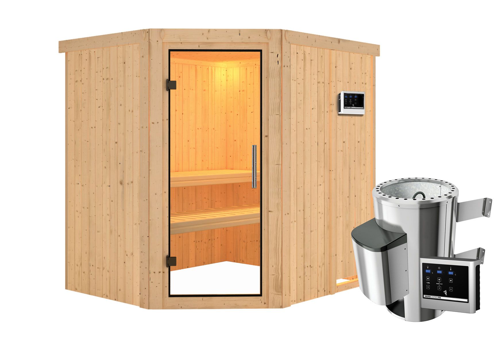 Sauna "Askjell" SET ACTION met heldere glazen deur - kleur: natuur, kachel externe regeling eenvoudig 3,6 kW - 196 x 170 x 198 cm (B x D x H)