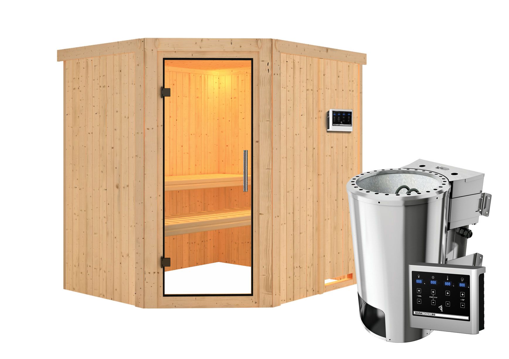 Sauna "Askjell" SET ACTION met heldere glazen deur & kachel BIO 3,6 kW - 196 x 170 x 198 cm (B x D x H)