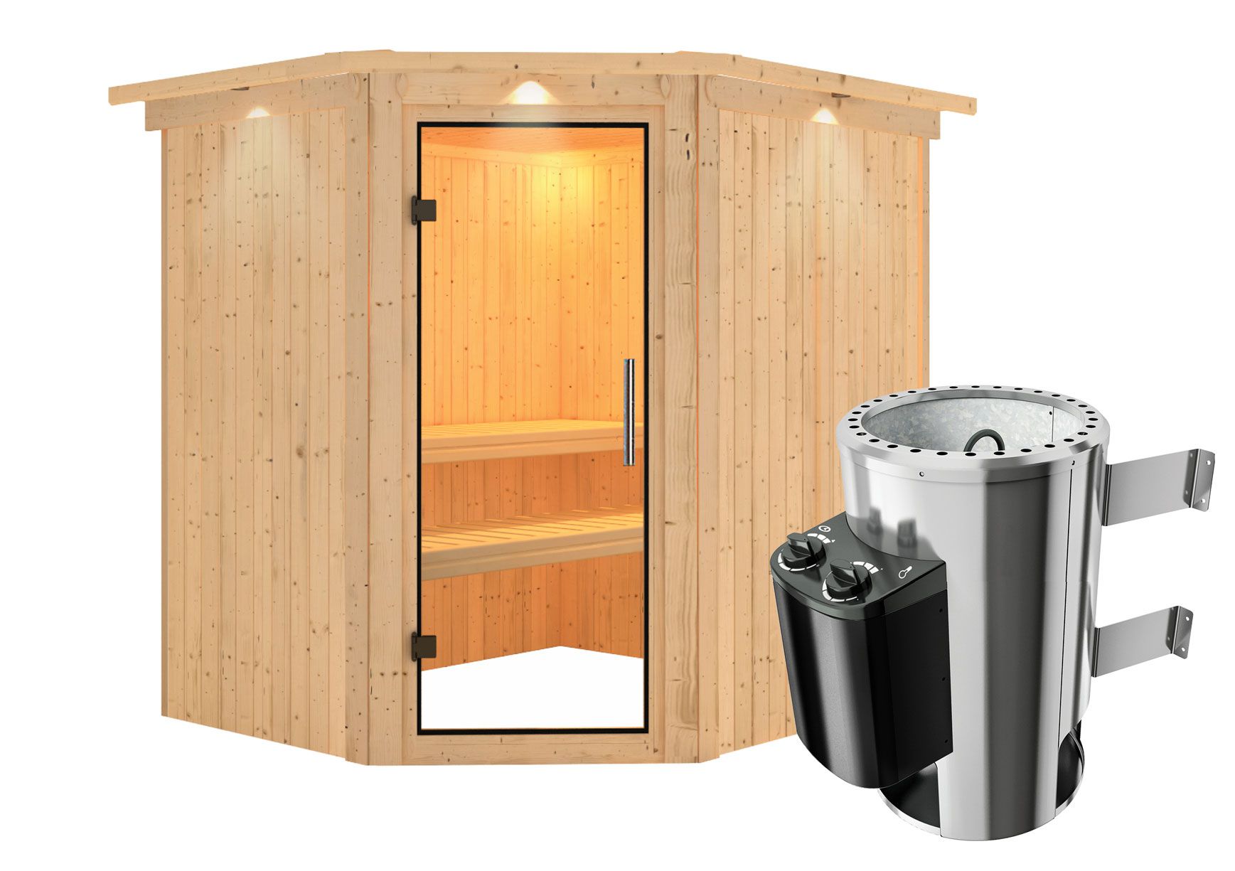 Sauna "Askjell" SET ACTION met heldere glazen deur, kroon & kachel 3,6 kW - 210 x 184 x 202 cm (B x D x H)