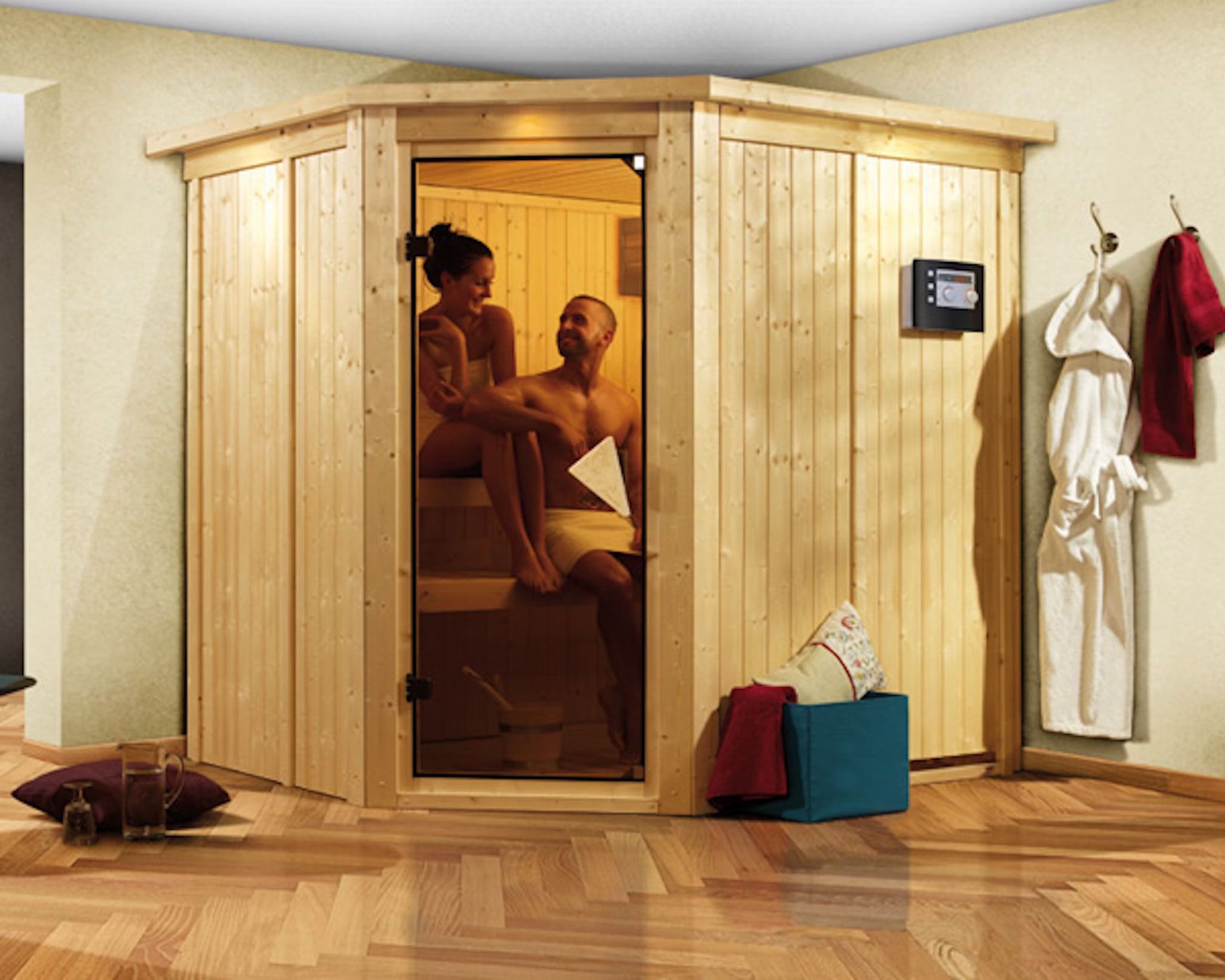 Sauna "Askjell" SET ACTION met helder glazen deur en kroon - kleur: natuur, kachel externe regeling eenvoudig 3,6 kW - 210 x 184 x 202 cm (B x D x H)