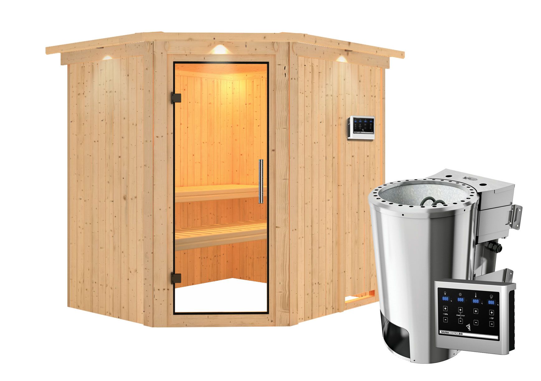 Sauna "Askjell" SET ACTION met heldere glazen deur, kroon & kachel BIO 3,6 kW - 210 x 184 x 202 cm (B x D x H)