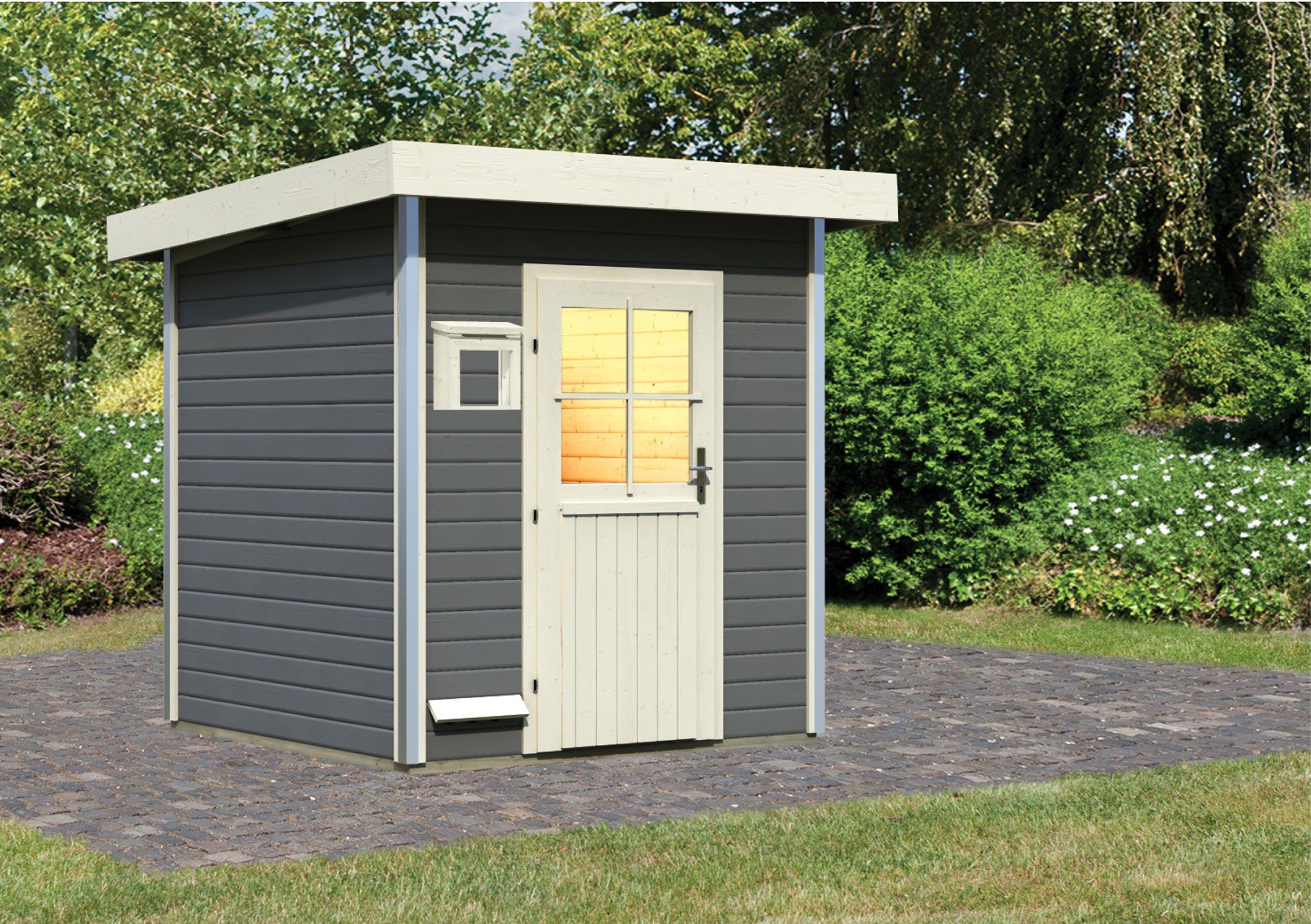 Heli" saunahuisje met klassieke deur, kleur: terracotta grijs - 196 x 196 cm (B x D), vloeroppervlak: 3,3 m².