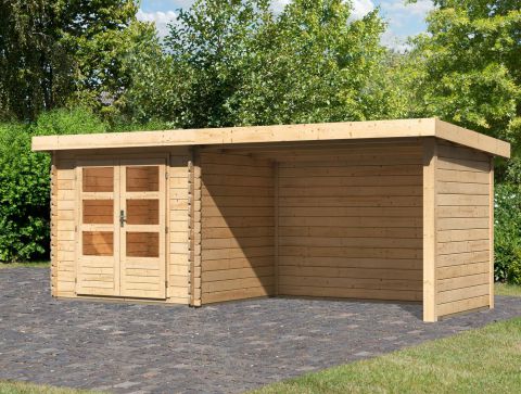 Berging / tuinhuis SET met lessenaarsdak incl. aanbouw dak, zijwand & achterwand, kleur: onbehandeld hout, grondoppervlakte: 4,84 m²
