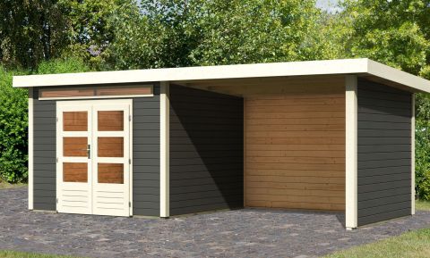 Berging / tuinhuis SET terra grijs met aanbouw dak 3,2 m breed, zij- en achterwand, grondoppervlakte: 7 m²