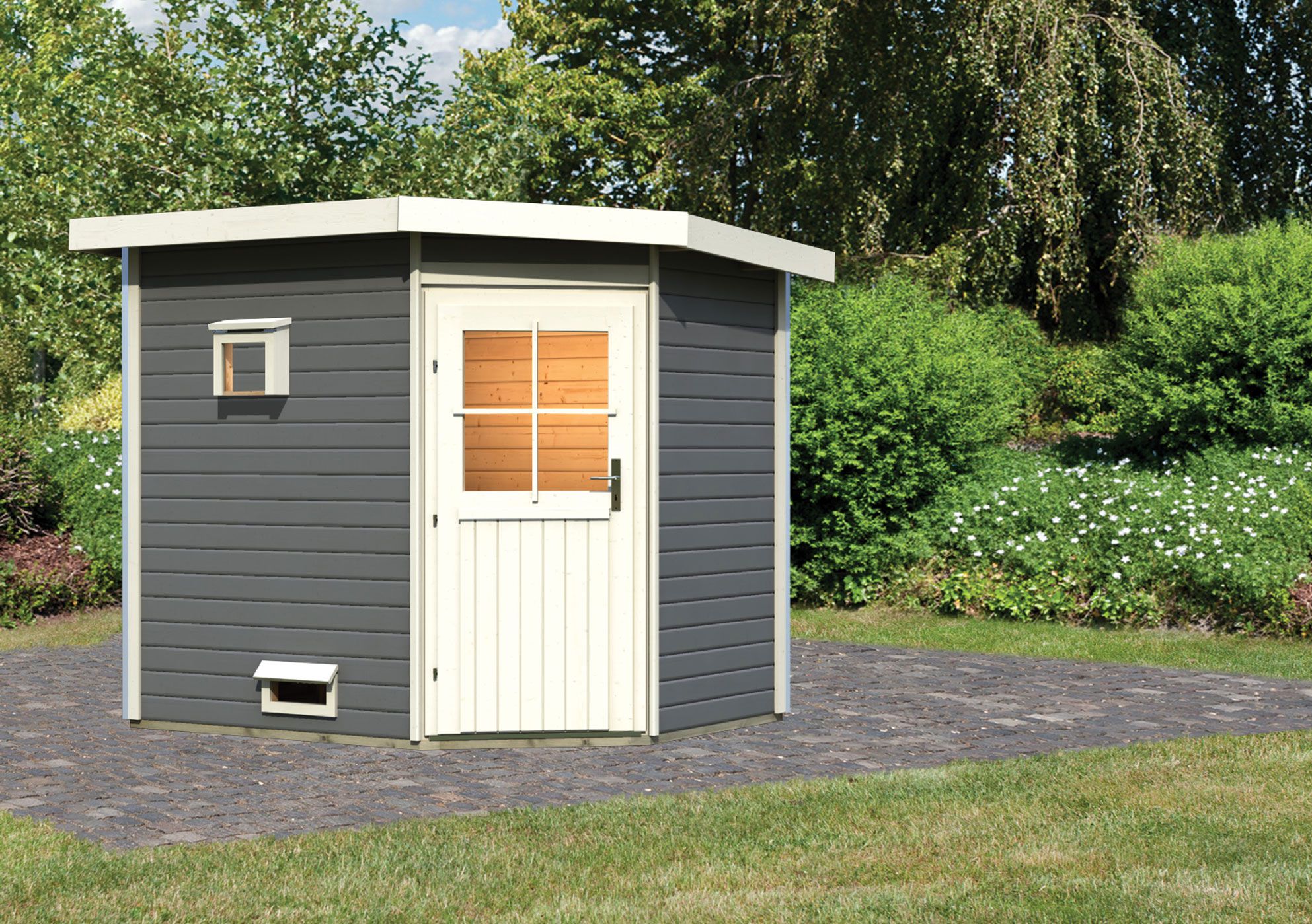 Madita" saunahuisje met klassieke deur, kleur: terracotta grijs - 231 x 196 cm (B x D), vloeroppervlak: 3,6 m².