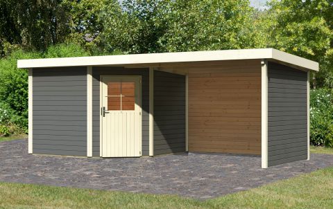 Berging / tuinhuis SET terra grijs met aanbouw dak 3,2 m breed, zij- en achterwand, grondoppervlakte: 7,29 m²