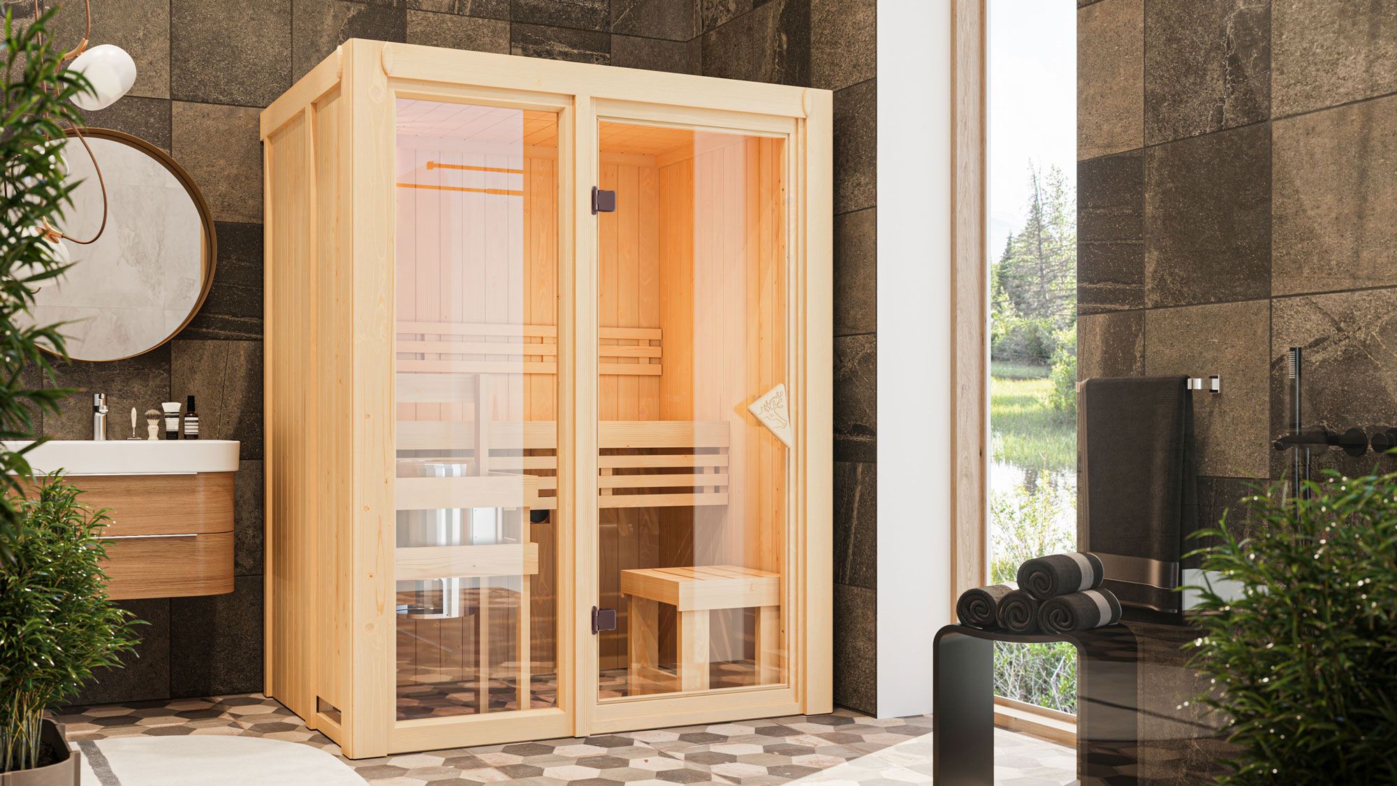 Sauna "Vali 1" SET - kleur: naturel, kachel externe regeling eenvoudig 3,6 kW - 155 x 122 x 198 cm (B x D x H)