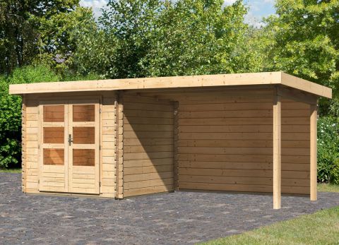 Berging / tuinhuis SET ACTION 2 met lessenaarsdak incl. aanbouw dak & achterwand, kleur: onbehandeld hout, grondoppervlakte: 4.84 m²