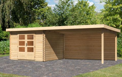 Berging / tuinhuis SET ACTION met lessenaarsdak incl. aanbouw dak & achterwand, kleur: onbehandeld hout, grondoppervlakte: 7.84 m²