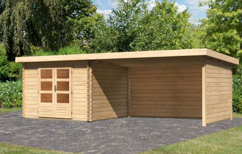 Berging / tuinhuis SET ACTION met lessenaarsdak incl. aanbouw dak, zijwand & achterwand, kleur: onbehandeld hout, grondoppervlakte: 7.84 m²