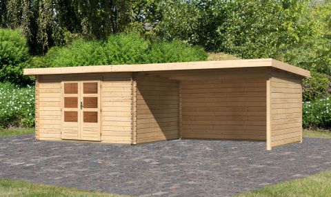 Berging / tuinhuis SET met lessenaarsdak incl. aanbouw dak, zijwand & achterwand, kleur: onbehandeld hout, grondoppervlakte: 9,52 m²
